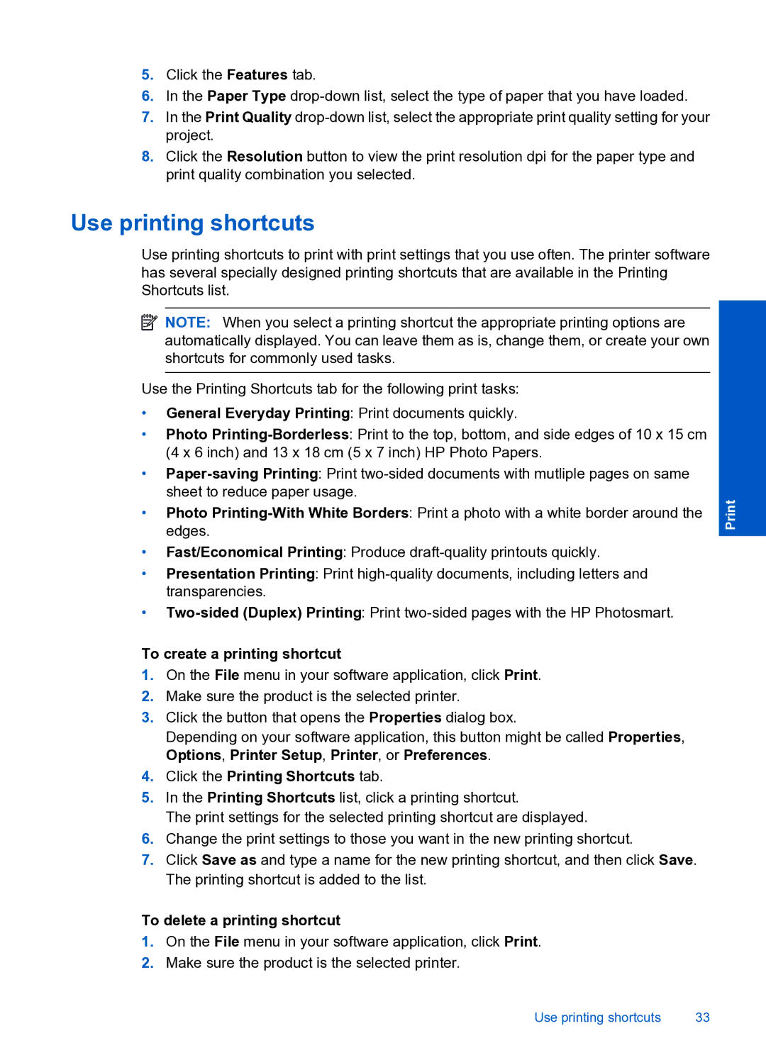 HP Premium Web - C309n manual Use printing shortcuts, To create a printing shortcut, Click the Printing Shortcuts tab 