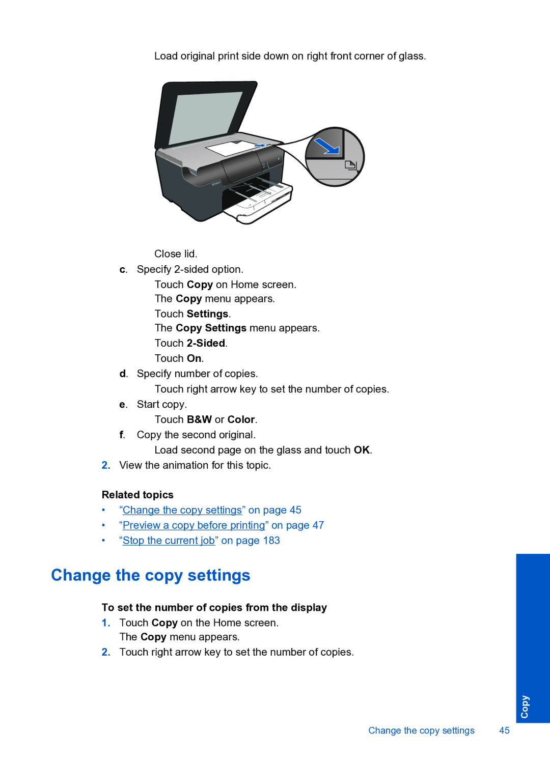 HP Premium Web - C309n manual Change the copy settings, Touch Settings, To set the number of copies from the display 