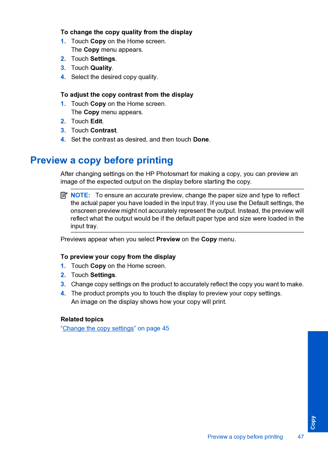 HP Premium Web - C309n manual Preview a copy before printing, To change the copy quality from the display, Touch Contrast 