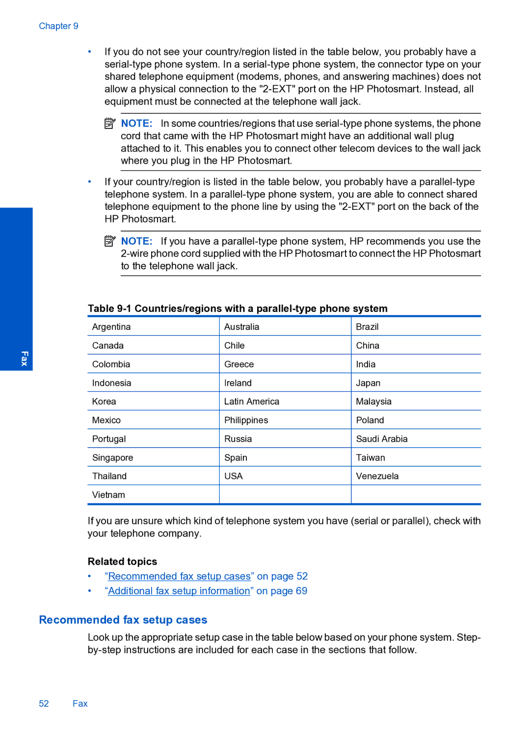 HP Premium Web - C309n manual Recommended fax setup cases, Countries/regions with a parallel-type phone system 