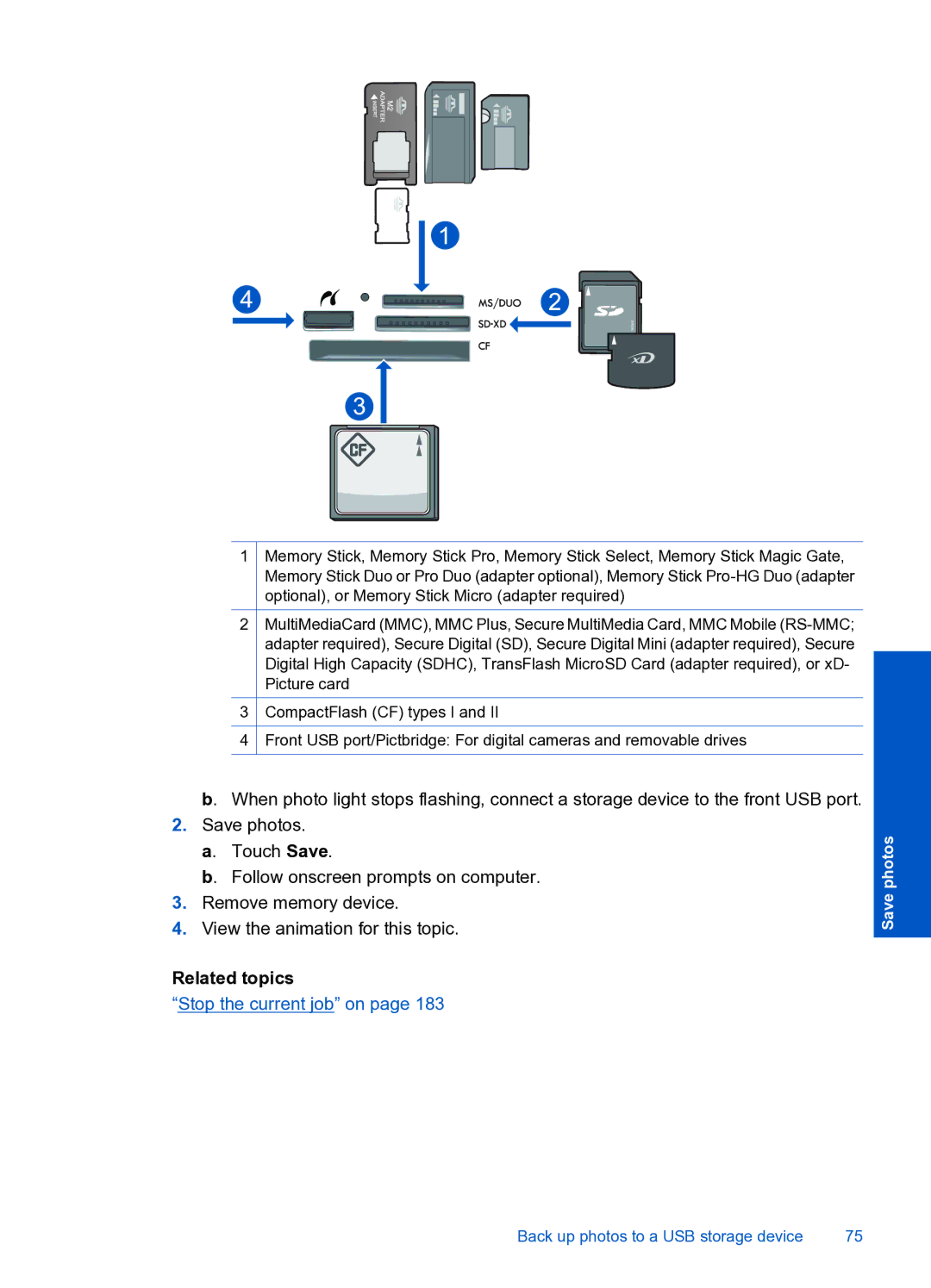 HP Premium Web - C309n manual Back up photos to a USB storage device 