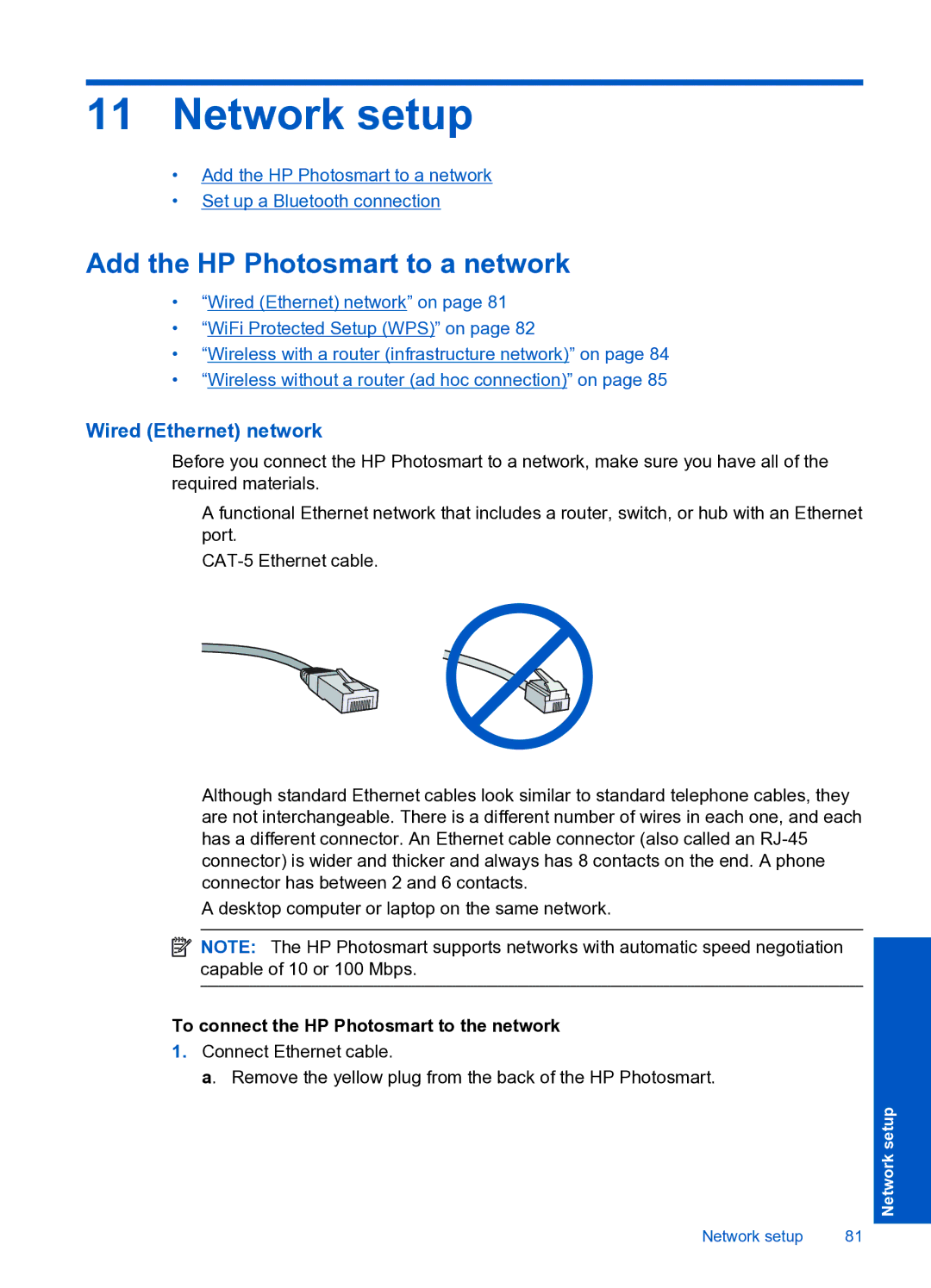 HP Premium Web - C309n manual Network setup, Add the HP Photosmart to a network, Wired Ethernet network 