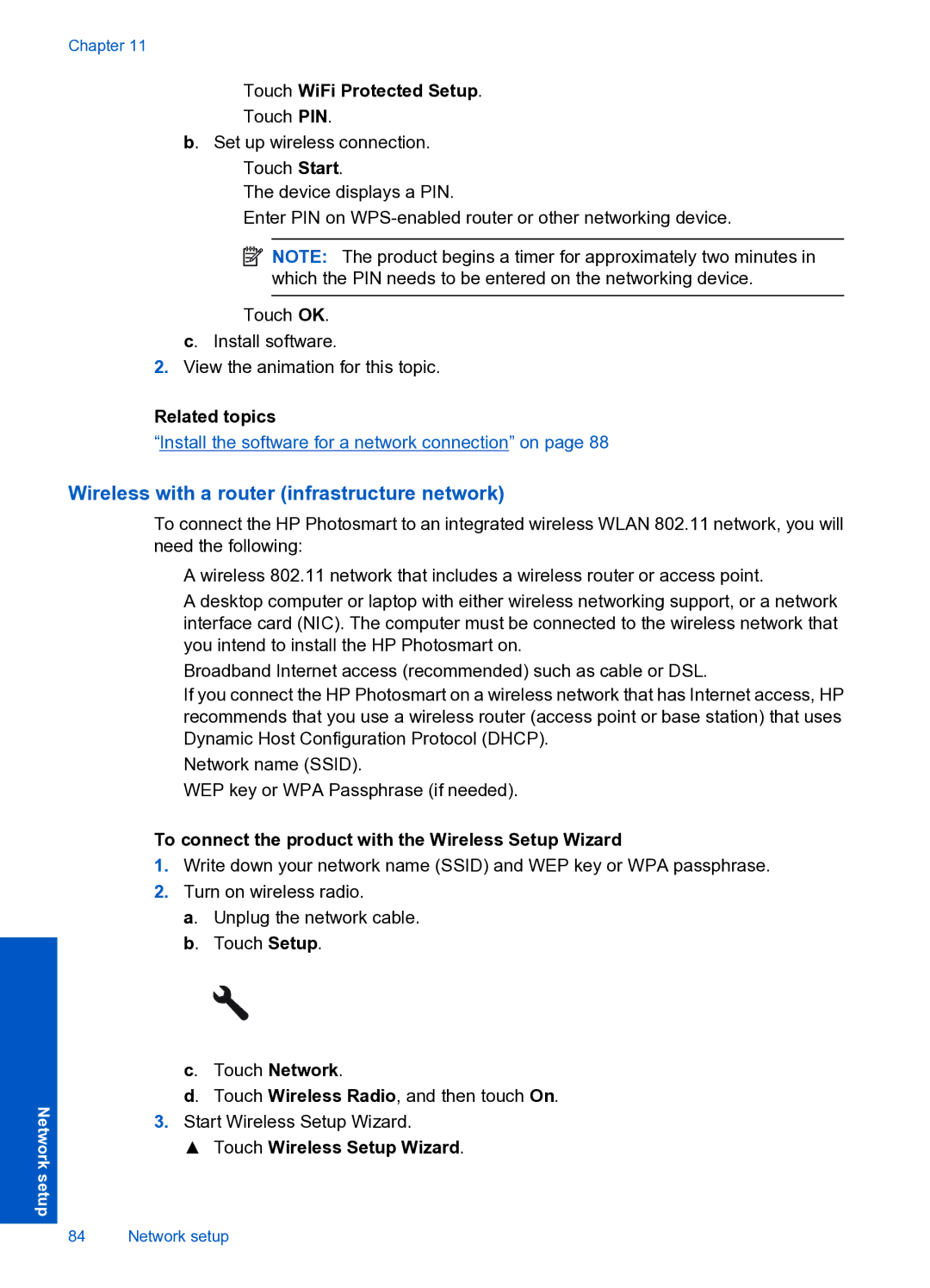 HP Premium Web - C309n manual Wireless with a router infrastructure network, Touch WiFi Protected Setup 