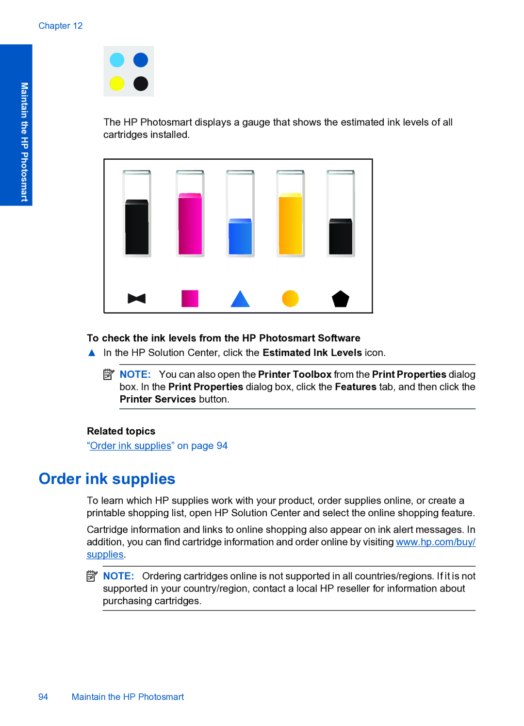 HP Premium Web - C309n manual Order ink supplies, To check the ink levels from the HP Photosmart Software 