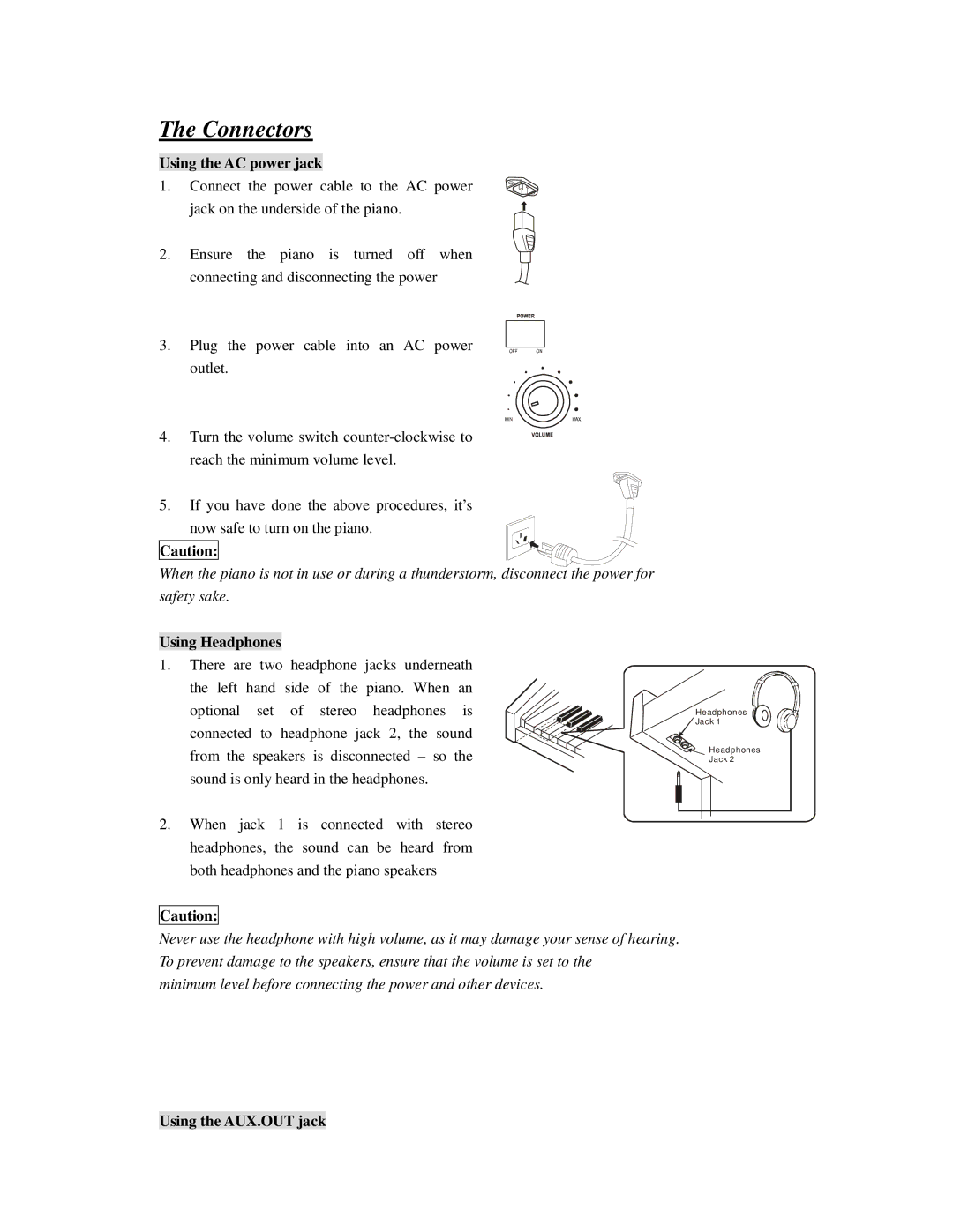 HP Princeton -21 manual Connectors, Using the AC power jack, Using Headphones, Using the AUX.OUT jack 