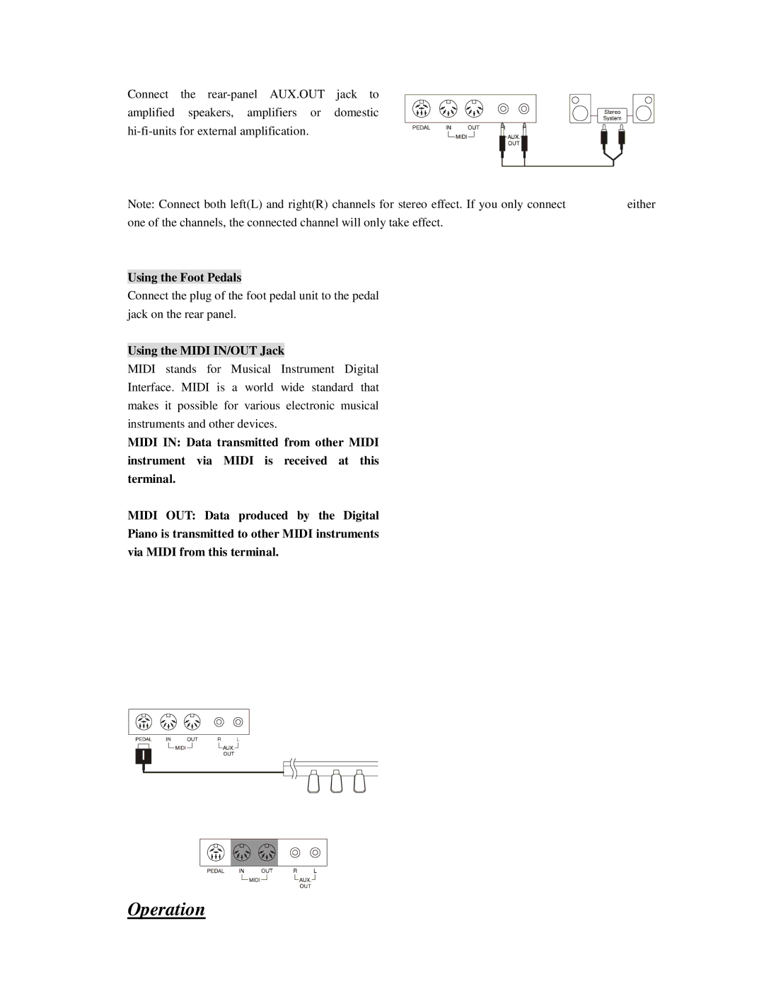 HP Princeton -21 manual Operation, Using the Foot Pedals, Using the Midi IN/OUT Jack 