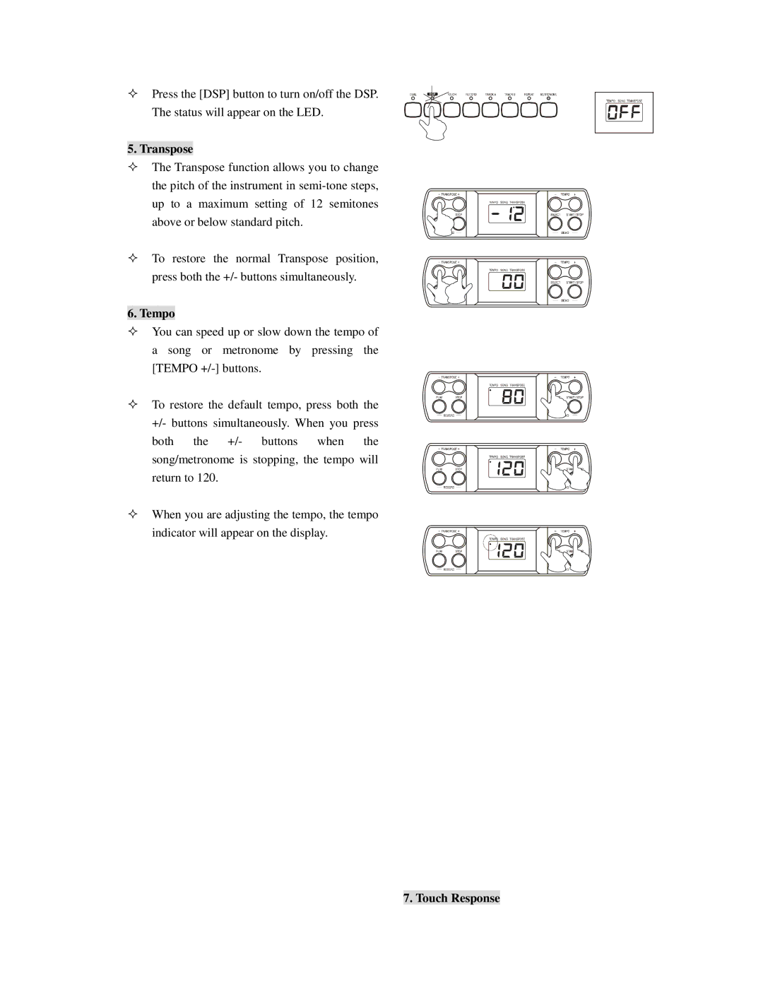 HP Princeton -21 manual Transpose, Tempo, Touch Response 