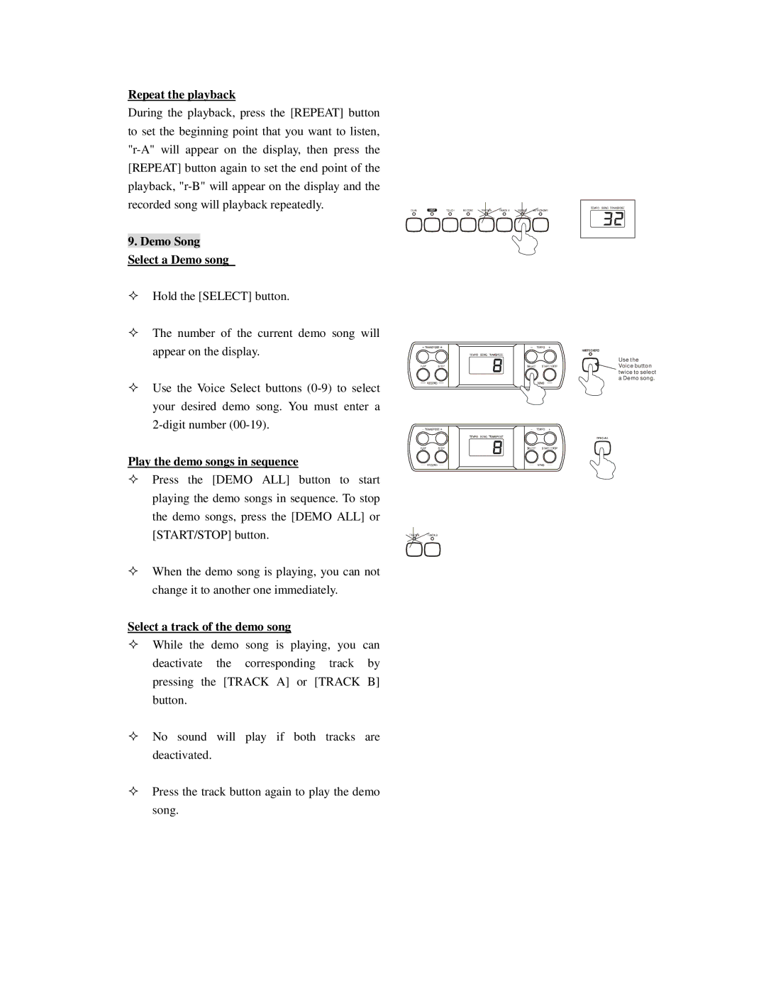 HP Princeton -21 manual Repeat the playback, Demo Song Select a Demo song, Play the demo songs in sequence 