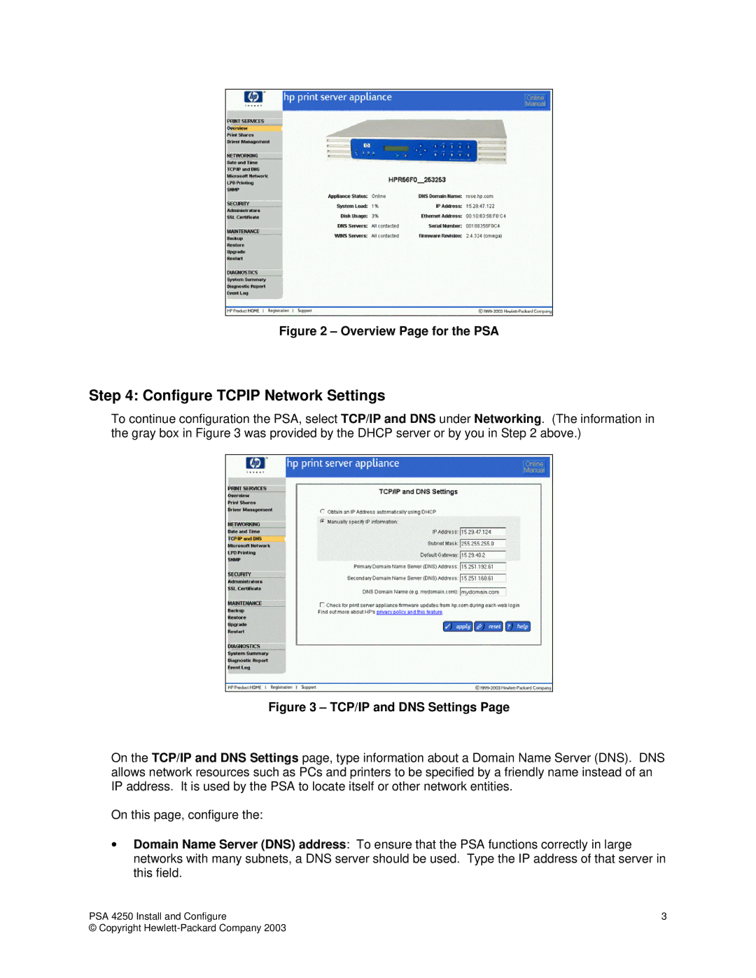 HP Print Server Appliance 4250 manual Configure Tcpip Network Settings, Overview Page for the PSA 