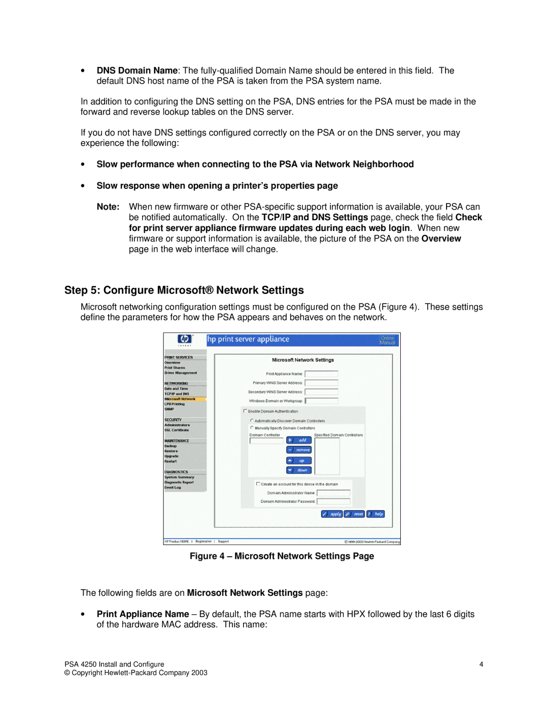 HP Print Server Appliance 4250 manual Configure Microsoft Network Settings 