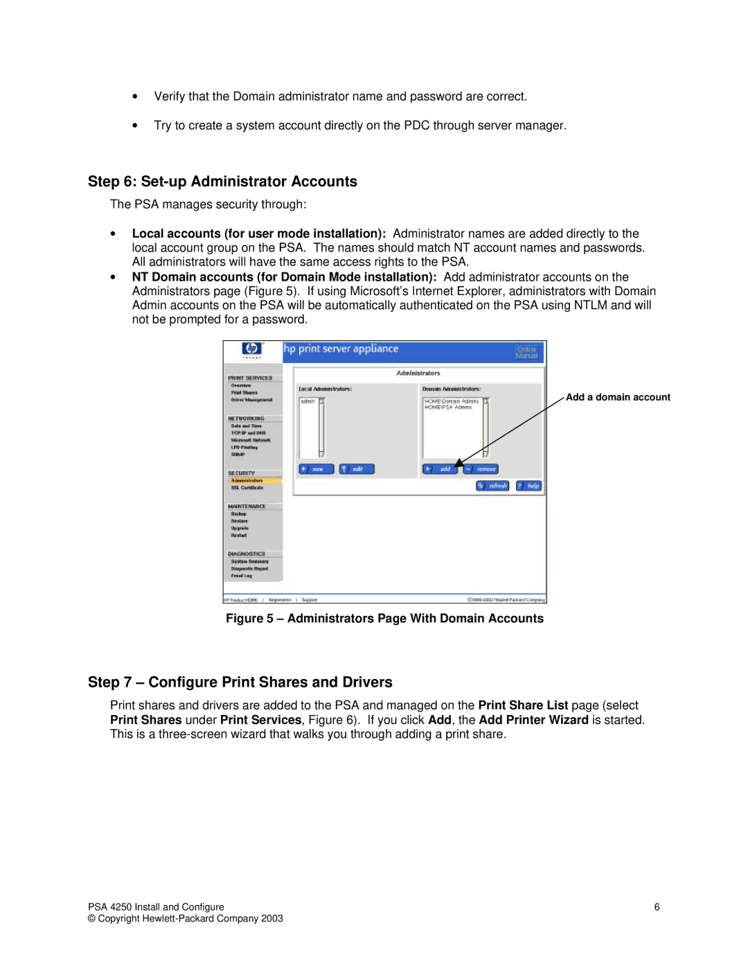 HP Print Server Appliance 4250 manual Set-up Administrator Accounts, Configure Print Shares and Drivers 