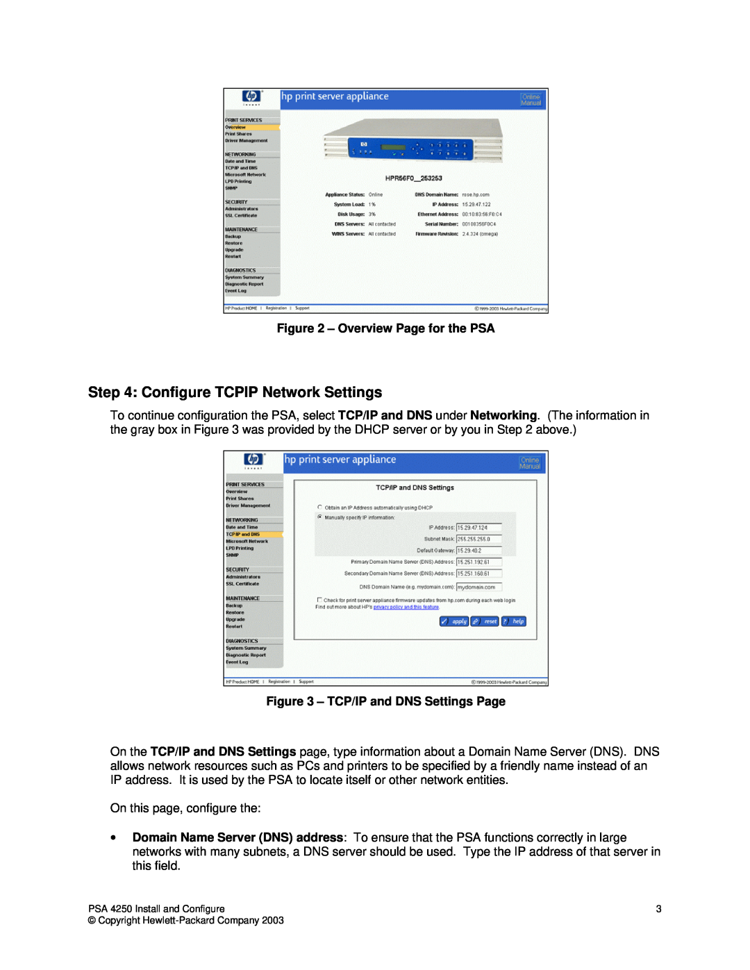 HP Print Server Appliance 4250 Configure TCPIP Network Settings, Overview Page for the PSA, TCP/IP and DNS Settings Page 