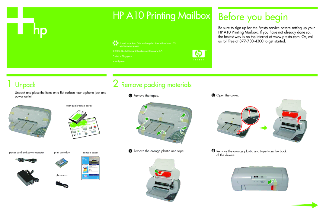 HP Printing Mailbox A10 manual HP A10 Printing Mailbox, Unpack Remove packing materials 