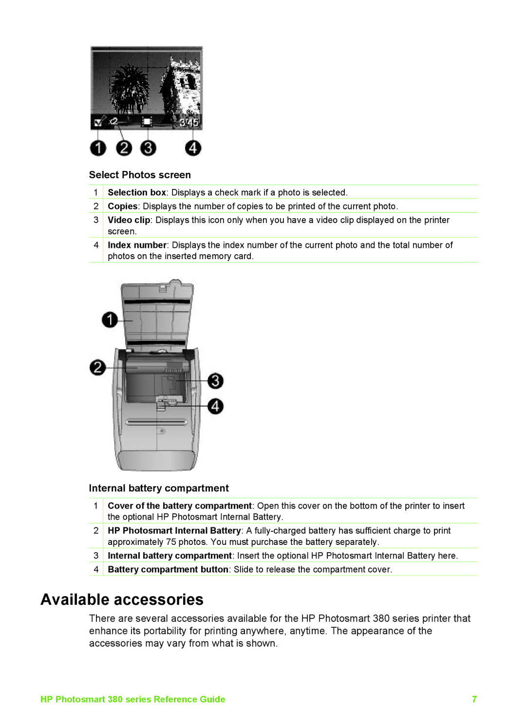 HP PRINT/SCAN/Copier 380 manual Available accessories, Select Photos screen, Internal battery compartment 