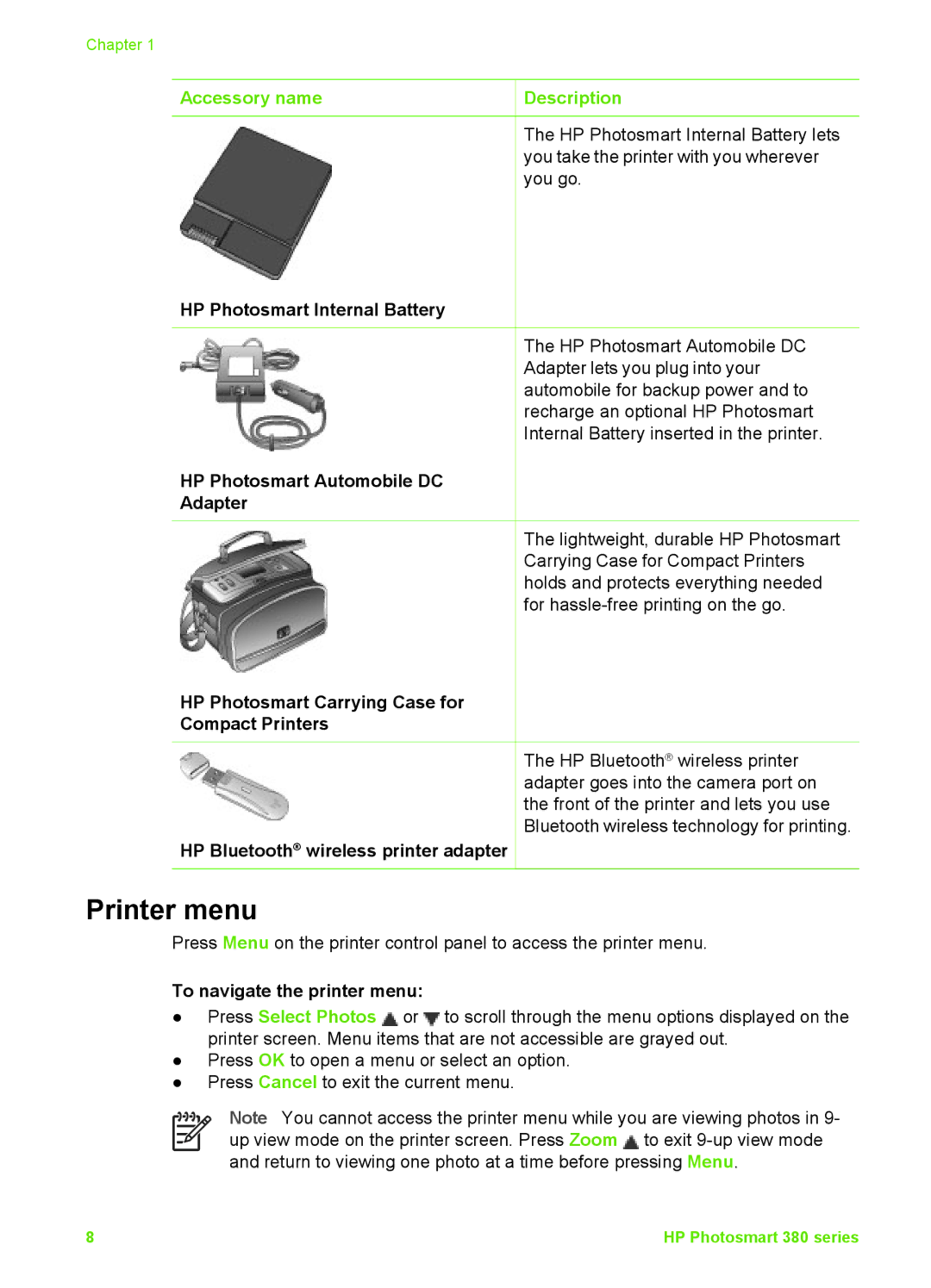 HP PRINT/SCAN/Copier 380 manual Printer menu, Accessory name Description, To navigate the printer menu 