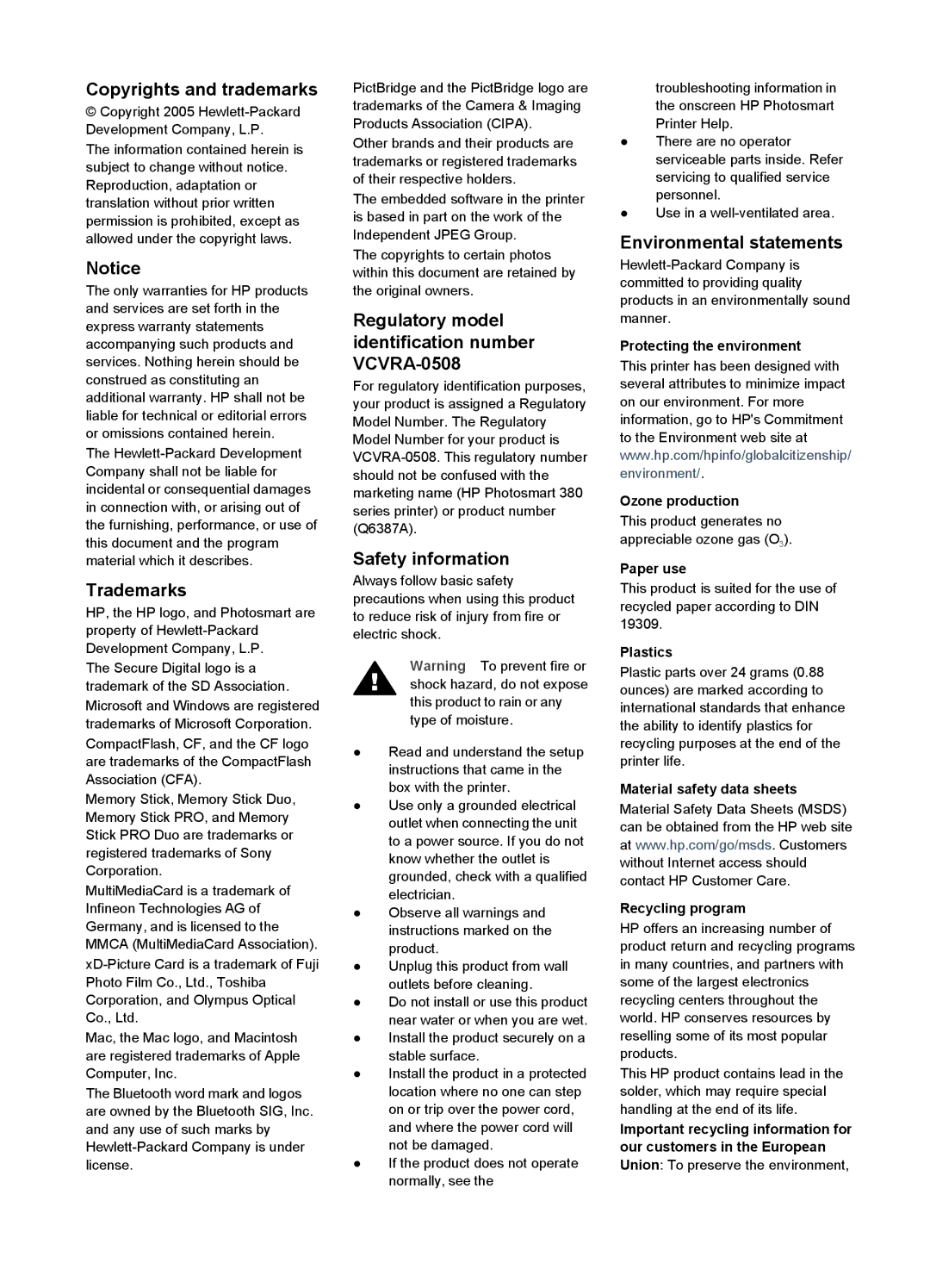 HP PRINT/SCAN/Copier 380 manual Copyrights and trademarks, Trademarks, Regulatory model identification number VCVRA-0508 