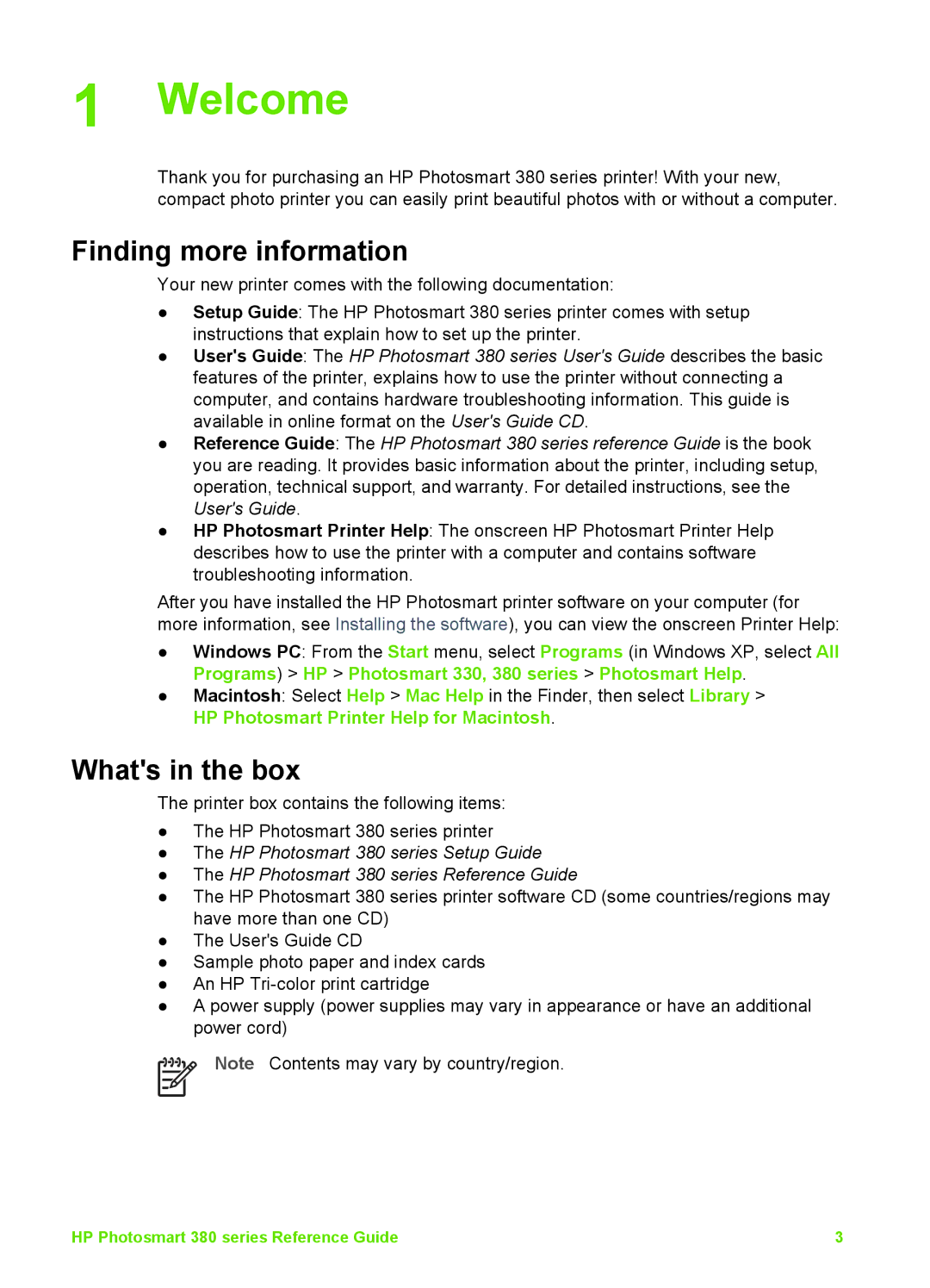 HP PRINT/SCAN/Copier 380 manual Welcome, Finding more information, Whats in the box 