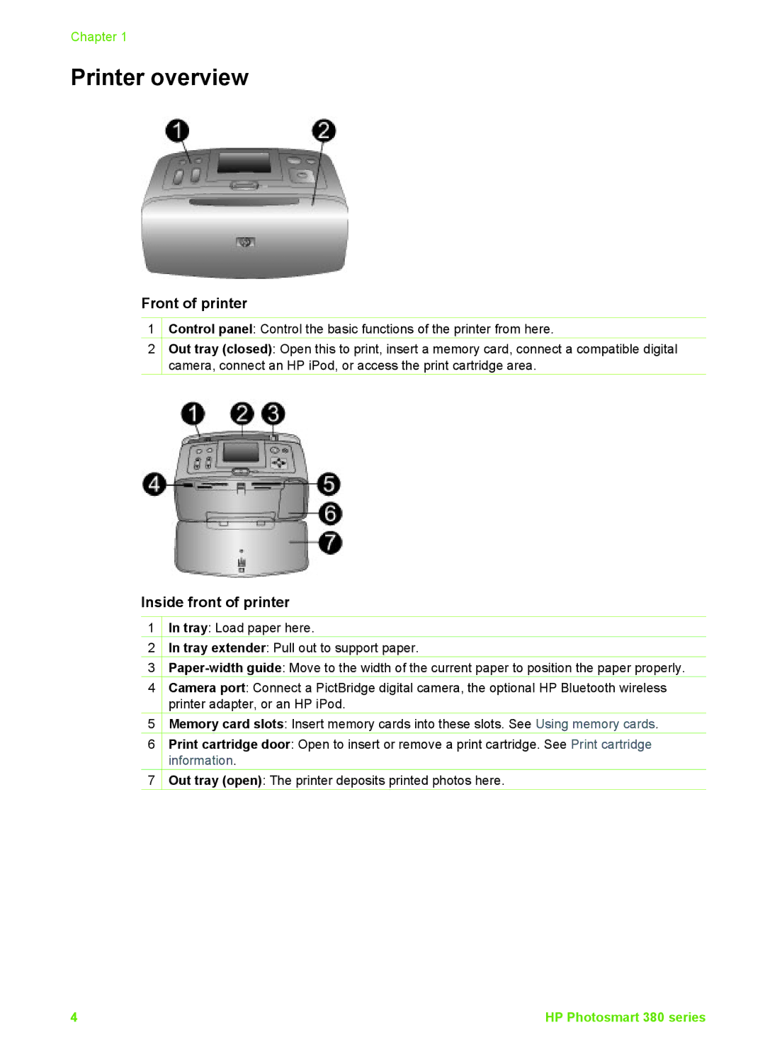 HP PRINT/SCAN/Copier 380 manual Printer overview, Front of printer, Inside front of printer 