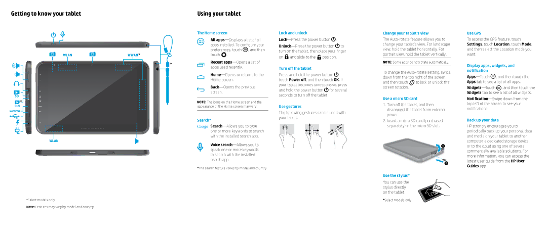 HP Pro 10 EE G1 Healthcare manual Getting to know your tablet, Using your tablet 