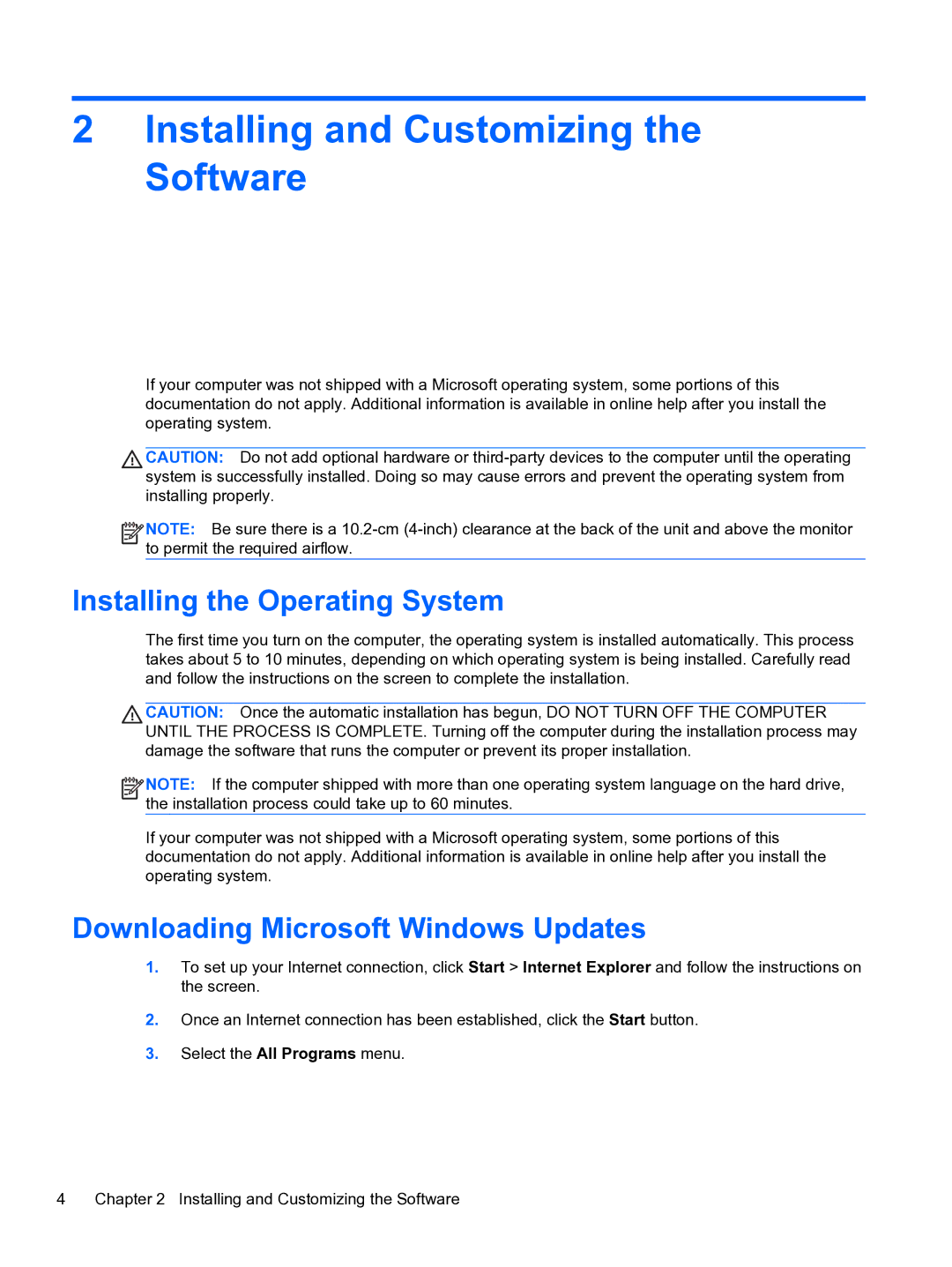 HP Pro 110 Installing and Customizing the Software, Installing the Operating System, Downloading Microsoft Windows Updates 