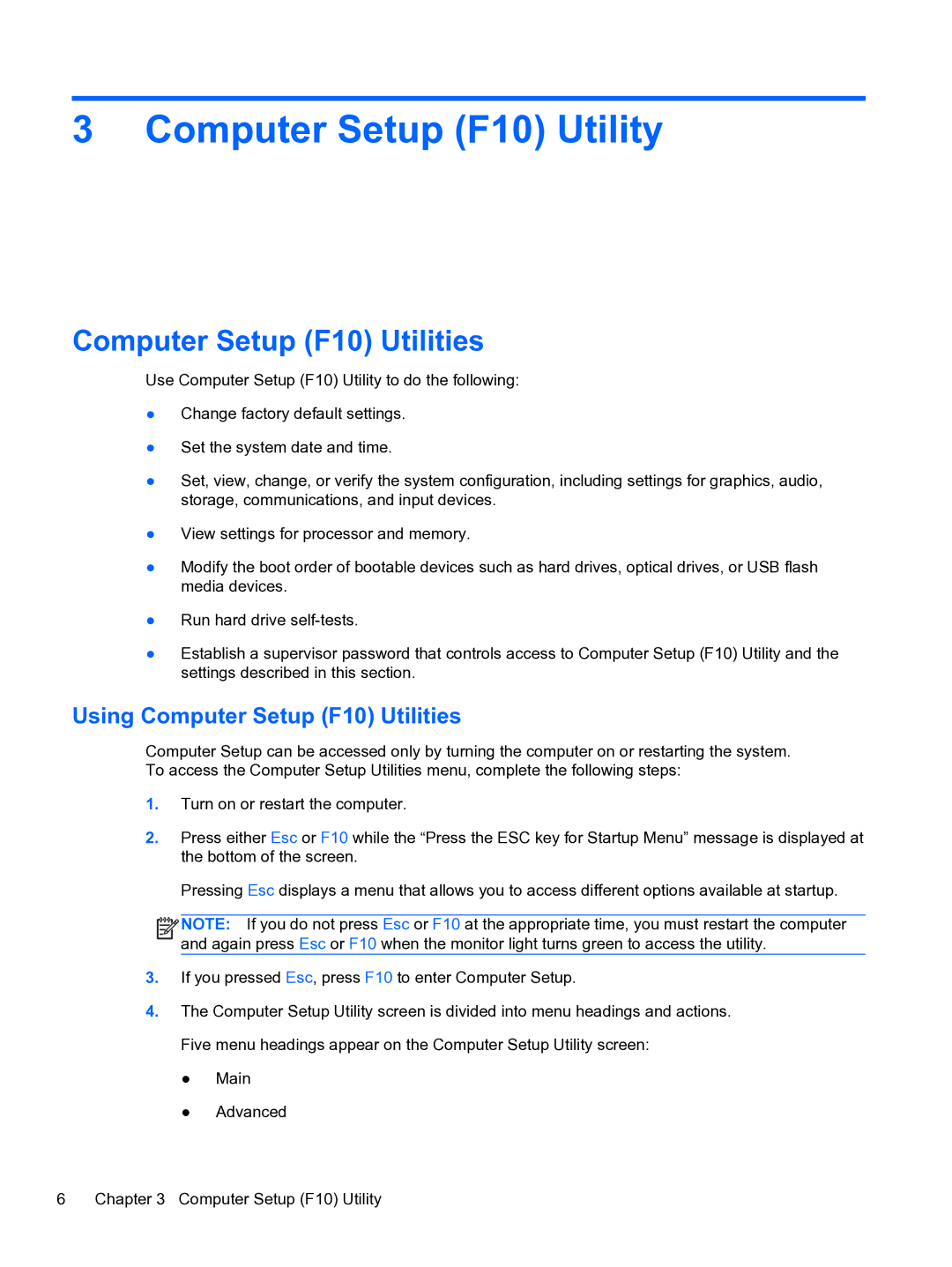 HP Pro 110 manual Computer Setup F10 Utility, Using Computer Setup F10 Utilities 