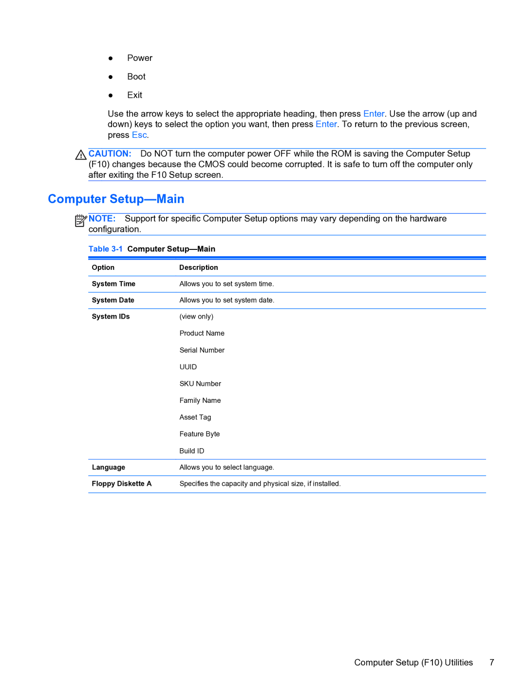 HP Pro 110 manual Computer Setup-Main 