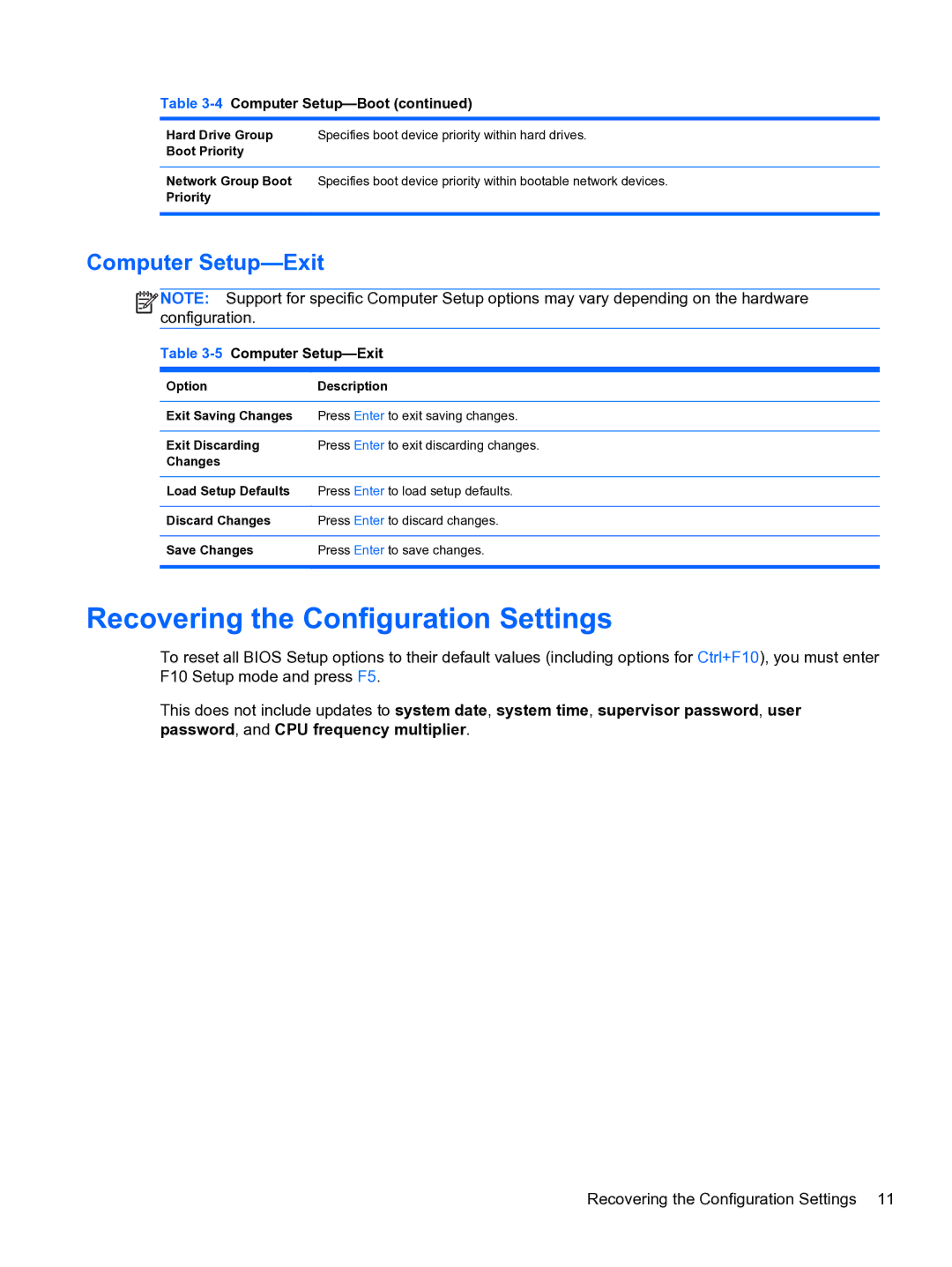 HP Pro 110 manual Recovering the Configuration Settings, Computer Setup-Exit 