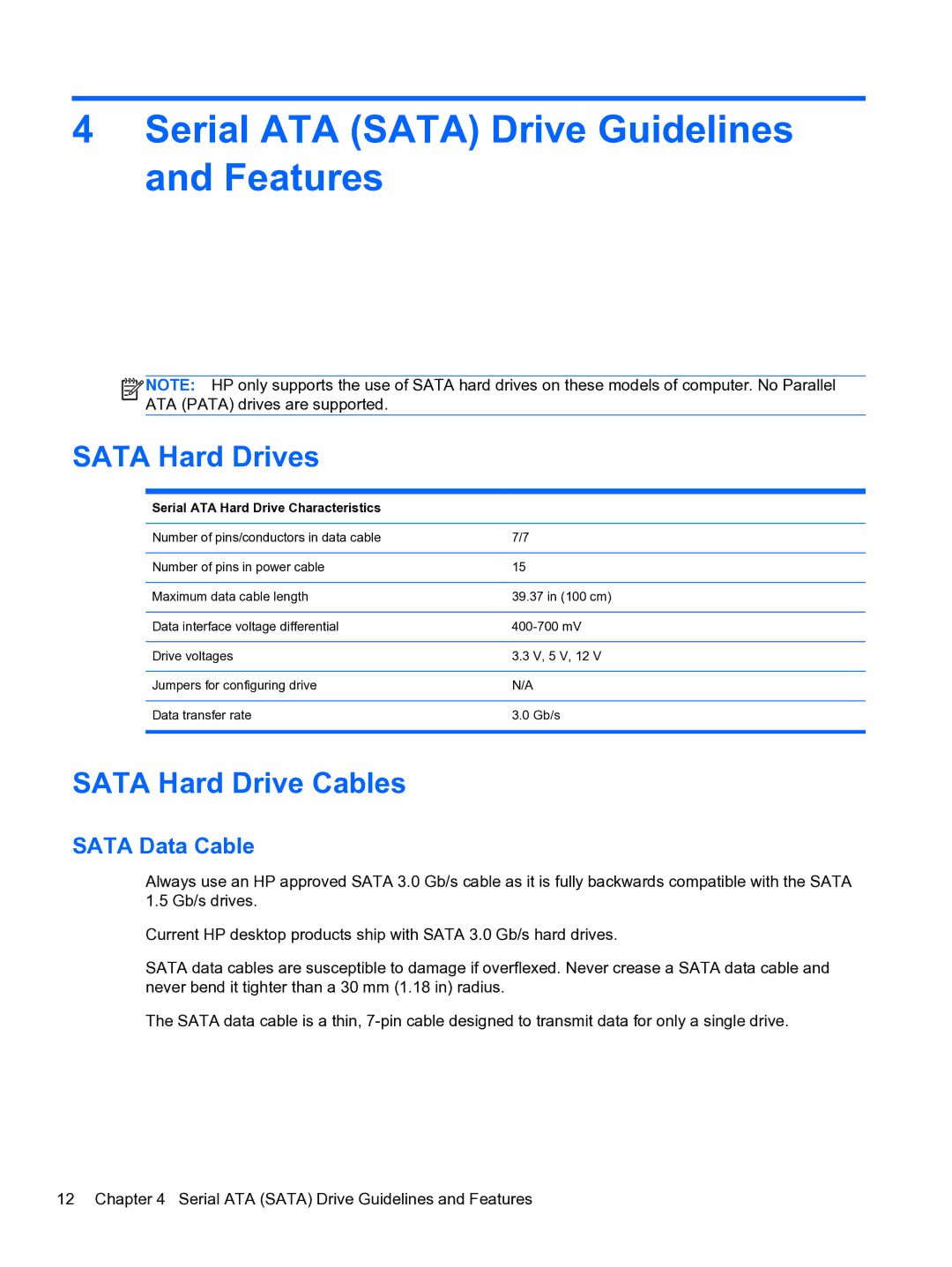 HP Pro 110 manual Serial ATA Sata Drive Guidelines and Features, Sata Hard Drives, Sata Hard Drive Cables, Sata Data Cable 