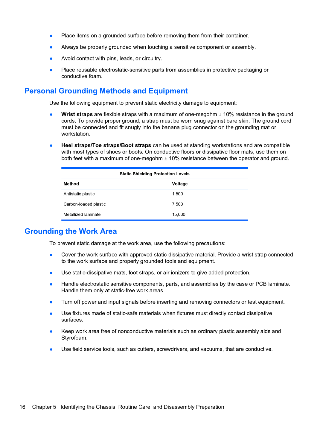 HP Pro 110 manual Personal Grounding Methods and Equipment, Grounding the Work Area, Static Shielding Protection Levels 