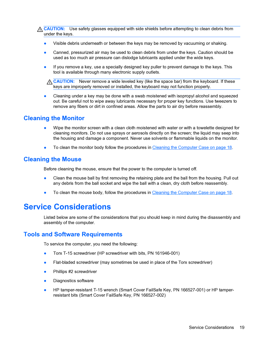 HP Pro 110 manual Service Considerations, Cleaning the Monitor, Cleaning the Mouse, Tools and Software Requirements 