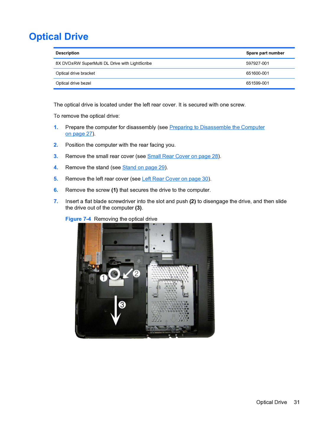 HP Pro 110 manual 4Removing the optical drive Optical Drive 