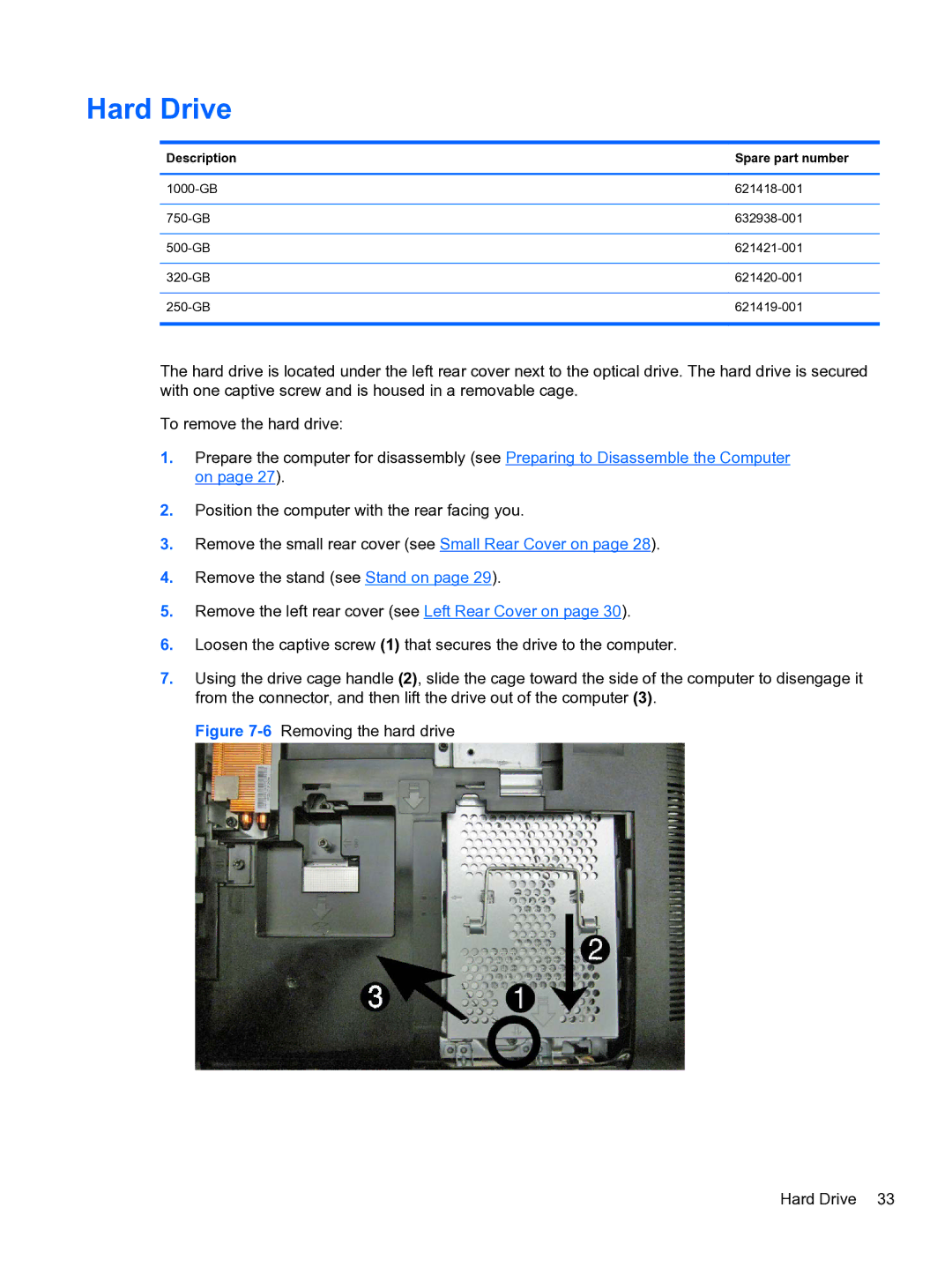 HP Pro 110 manual 6Removing the hard drive Hard Drive 