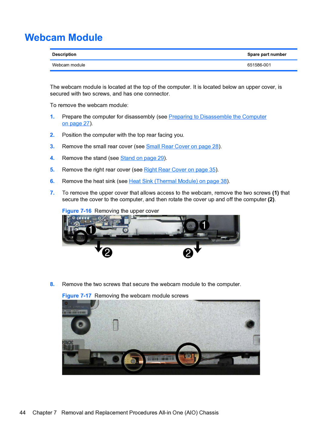 HP Pro 110 manual Webcam Module, Description Spare part number Webcam module 651586-001 