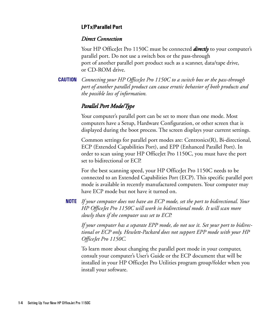 HP Pro 1150cse manual LPTx/Parallel Port, Direct Connection, Parallel Port Mode/Type 