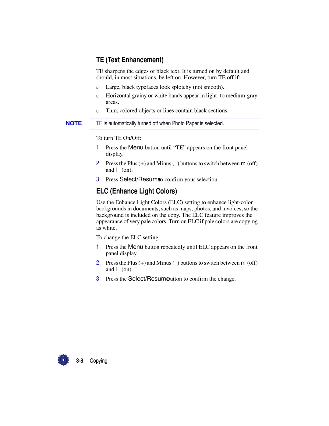 HP Pro 1175cxi, Pro 1175cse manual TE Text Enhancement, ELC Enhance Light Colors, 8Copying 