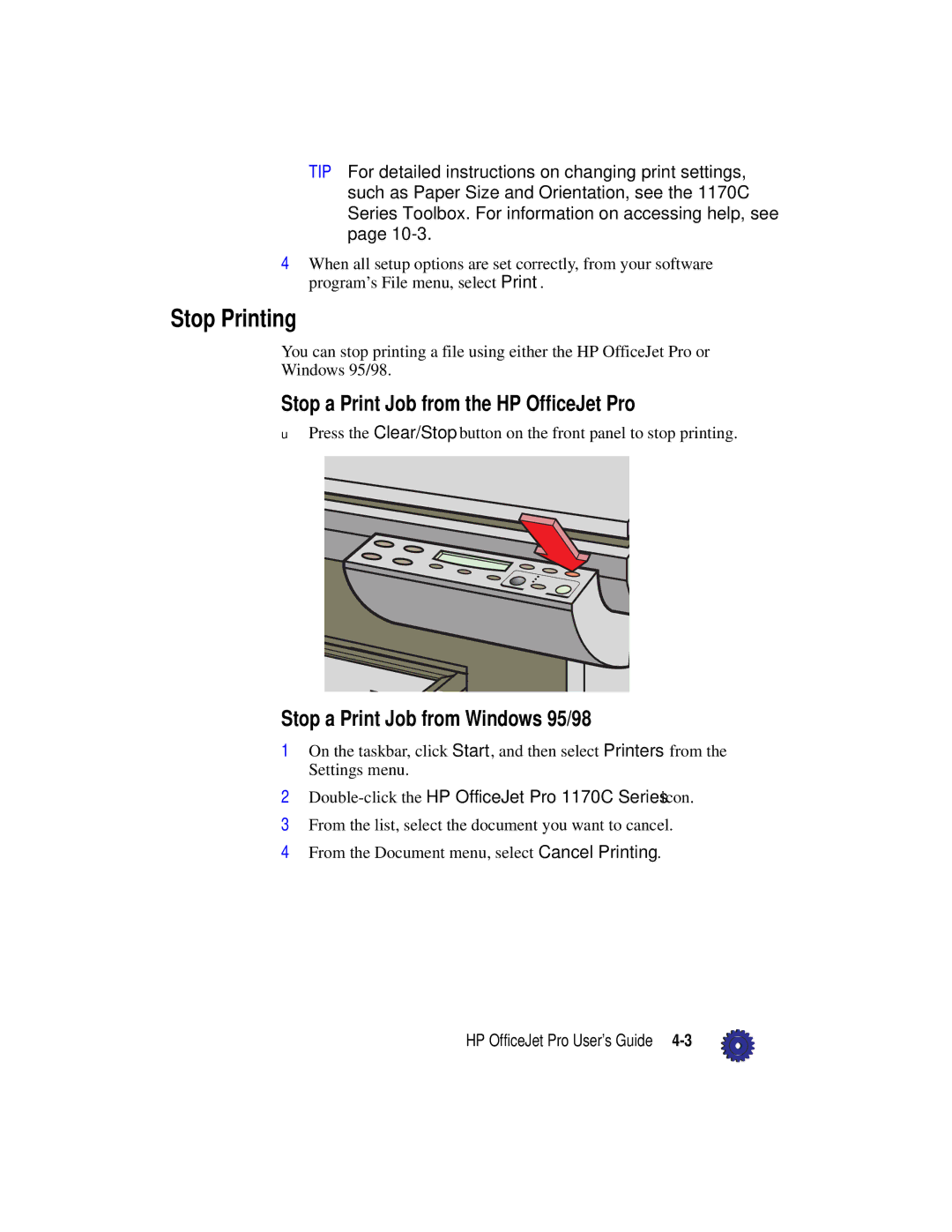 HP Pro 1175cse manual Stop Printing, Stop a Print Job from the HP OfficeJet Pro, Stop a Print Job from Windows 95/98 