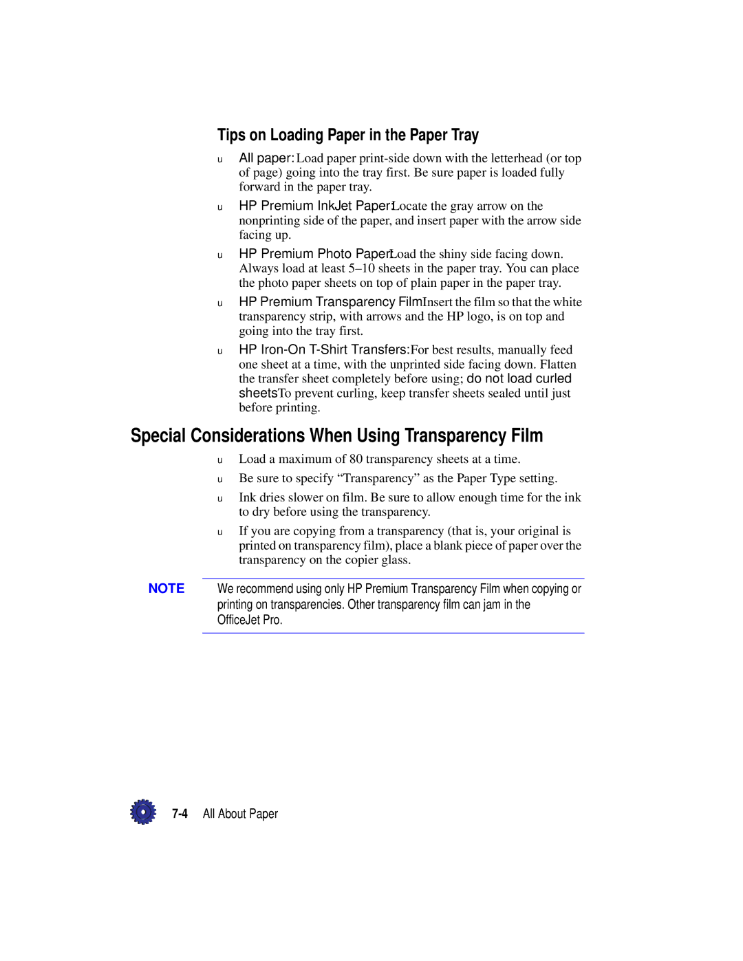 HP Pro 1175cse manual Special Considerations When Using Transparency Film, Tips on Loading Paper in the Paper Tray 