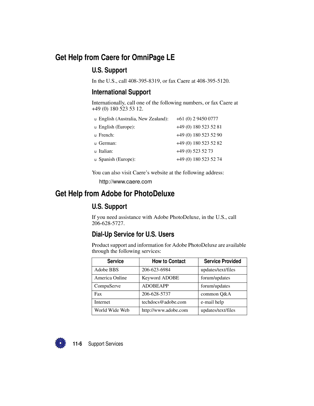 HP Pro 1175cse manual Get Help from Caere for OmniPage LE, Get Help from Adobe for PhotoDeluxe, International Support 