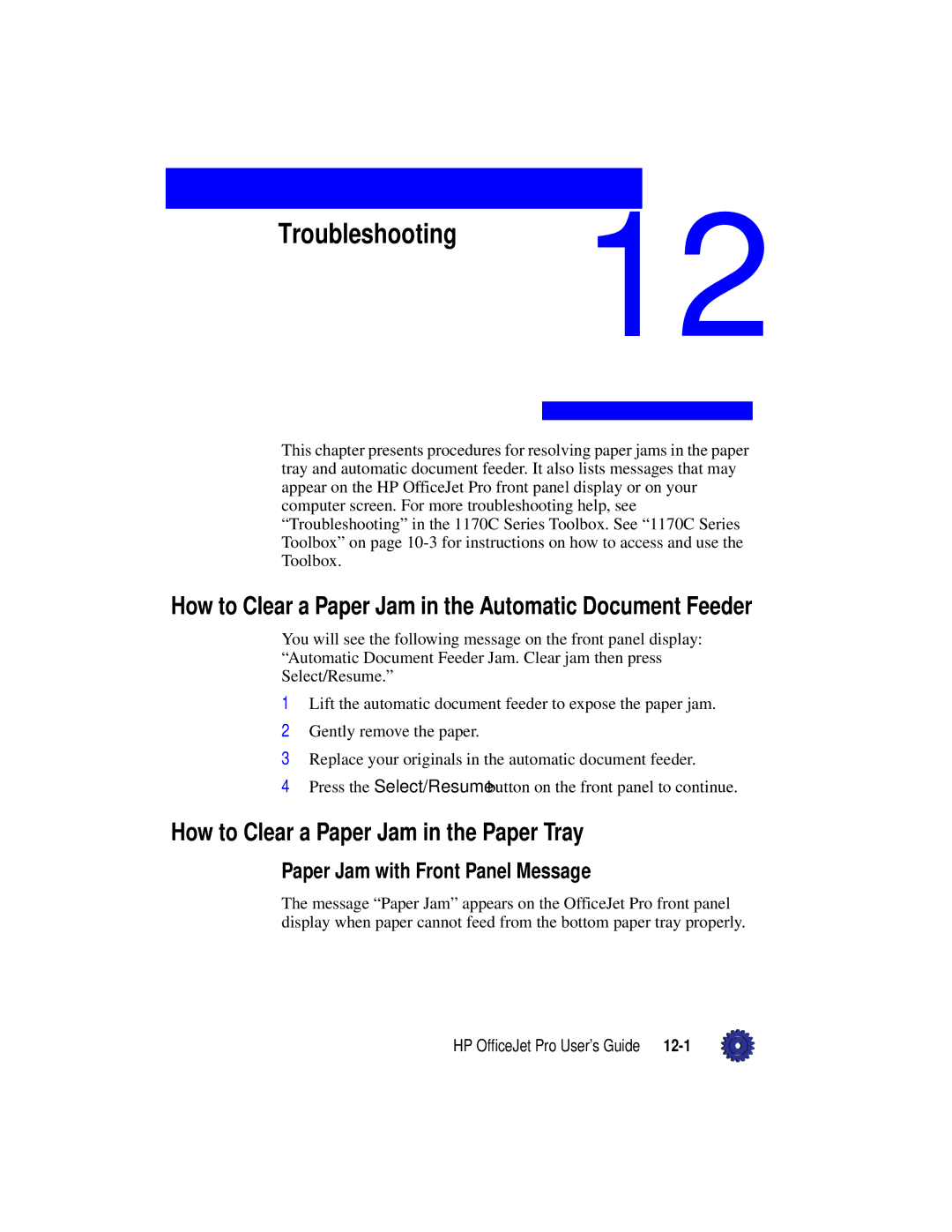 HP Pro 1175cse, Pro 1175cxi manual Troubleshooting12, How to Clear a Paper Jam in the Automatic Document Feeder 