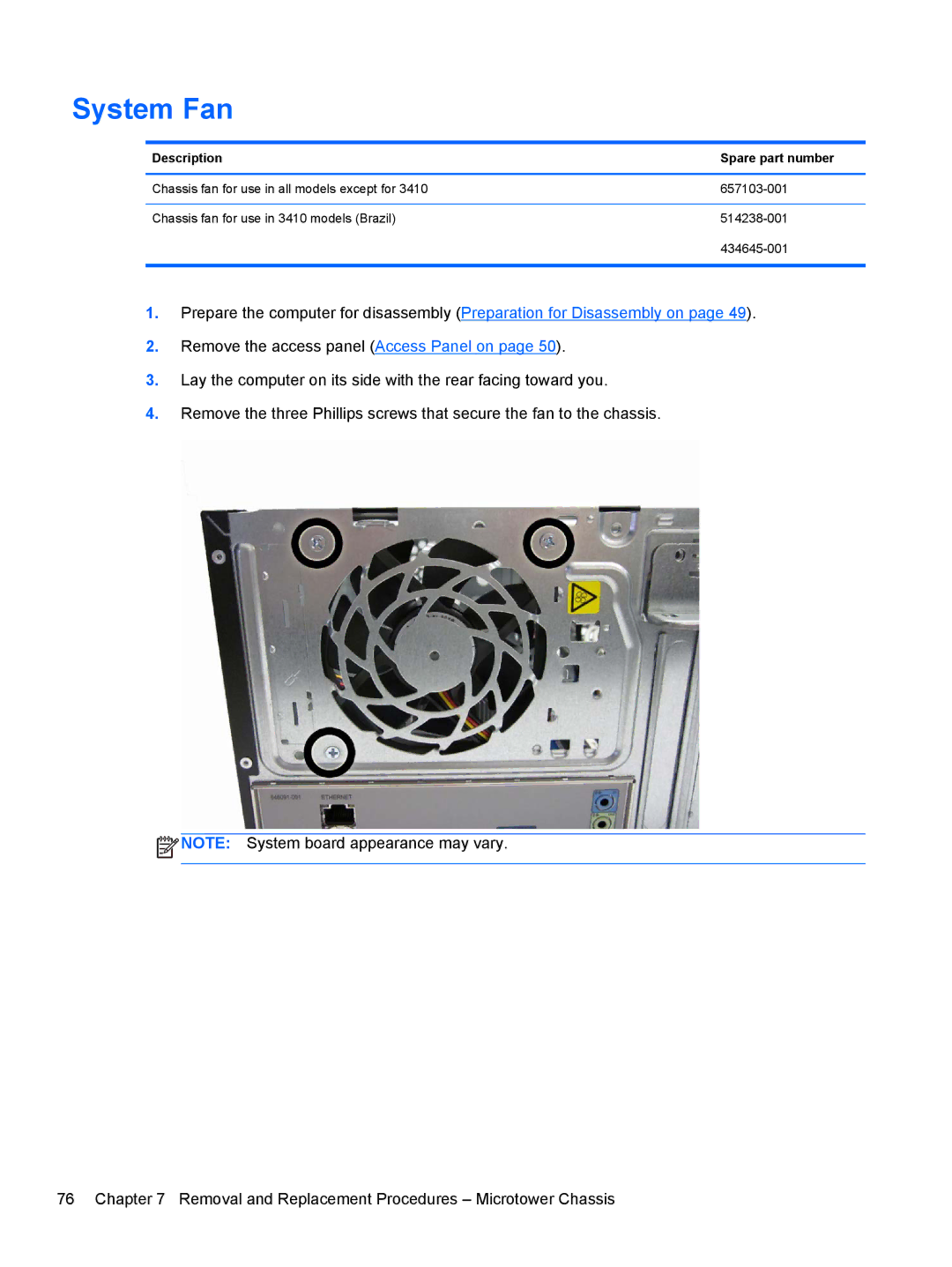 HP C7A34UT, Pro 3515 E3S87UTABA, D3K31UTABA, 3500p D8C44UTABA, D8C44UT#ABA manual System Fan, Description Spare part number 