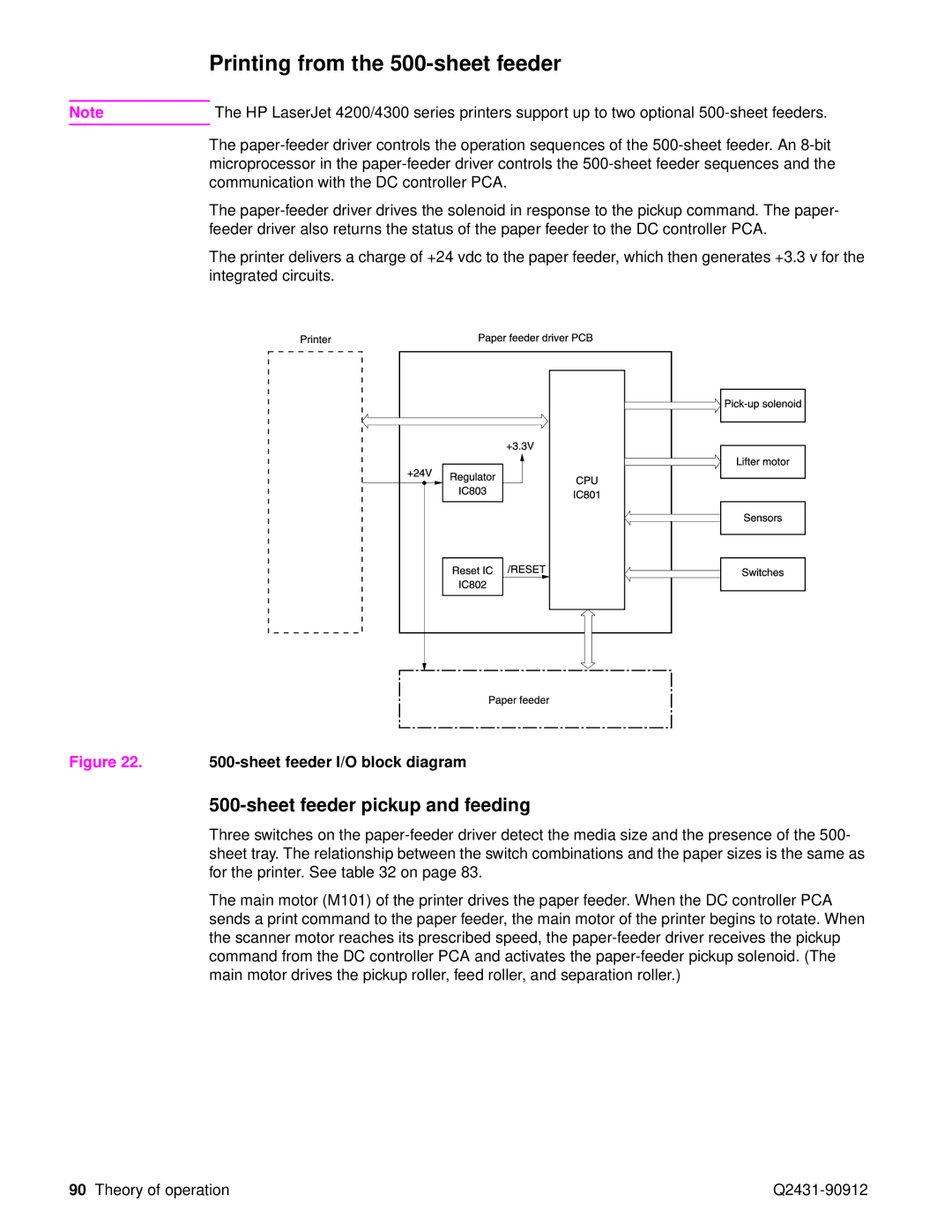 HP Pro 4300 C9H70UT C9H70UT#ABA manual Printing from the 500-sheet feeder, Sheet feeder pickup and feeding 