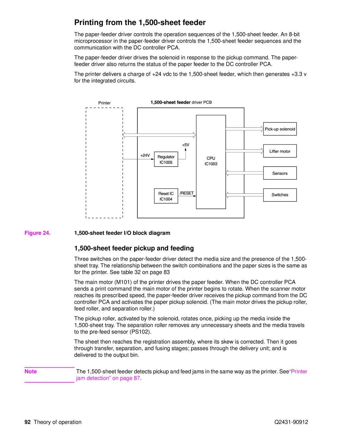 HP Pro 4300 C9H70UT C9H70UT#ABA manual Printing from the 1,500-sheet feeder, sheet feeder I/O block diagram 