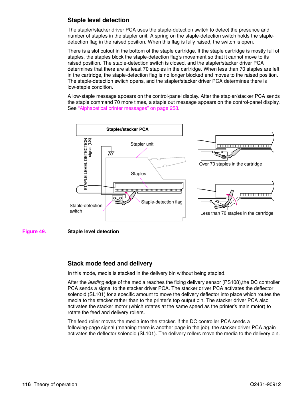 HP Pro 4300 C9H70UT C9H70UT#ABA manual Staple level detection, Stack mode feed and delivery 