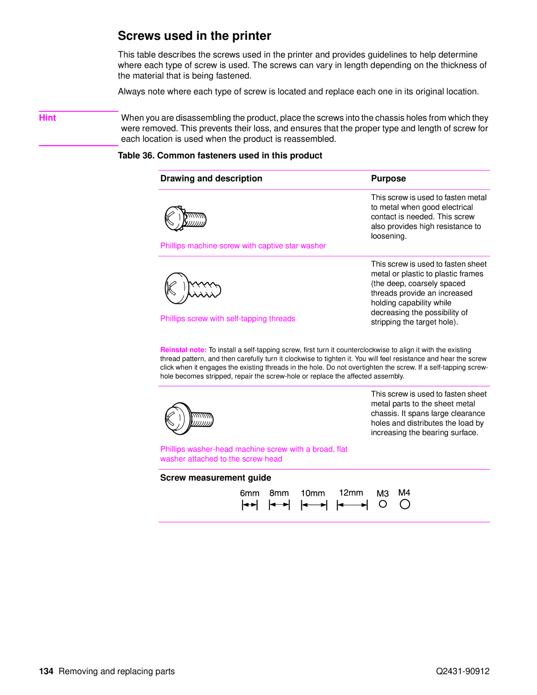 HP Pro 4300 C9H70UT C9H70UT#ABA manual Screws used in the printer, Screw measurement guide 