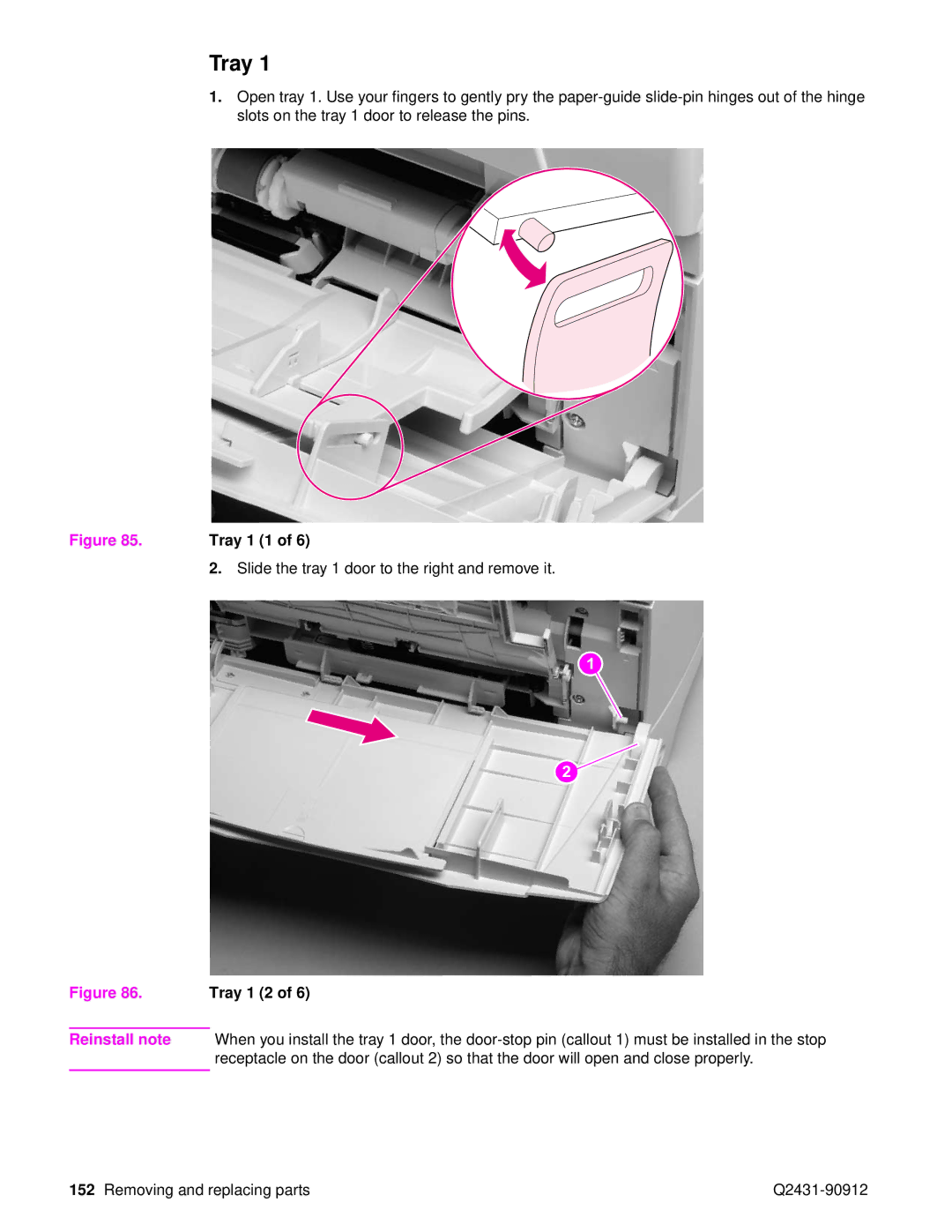 HP Pro 4300 C9H70UT C9H70UT#ABA manual Tray 1 1, Slide the tray 1 door to the right and remove it 