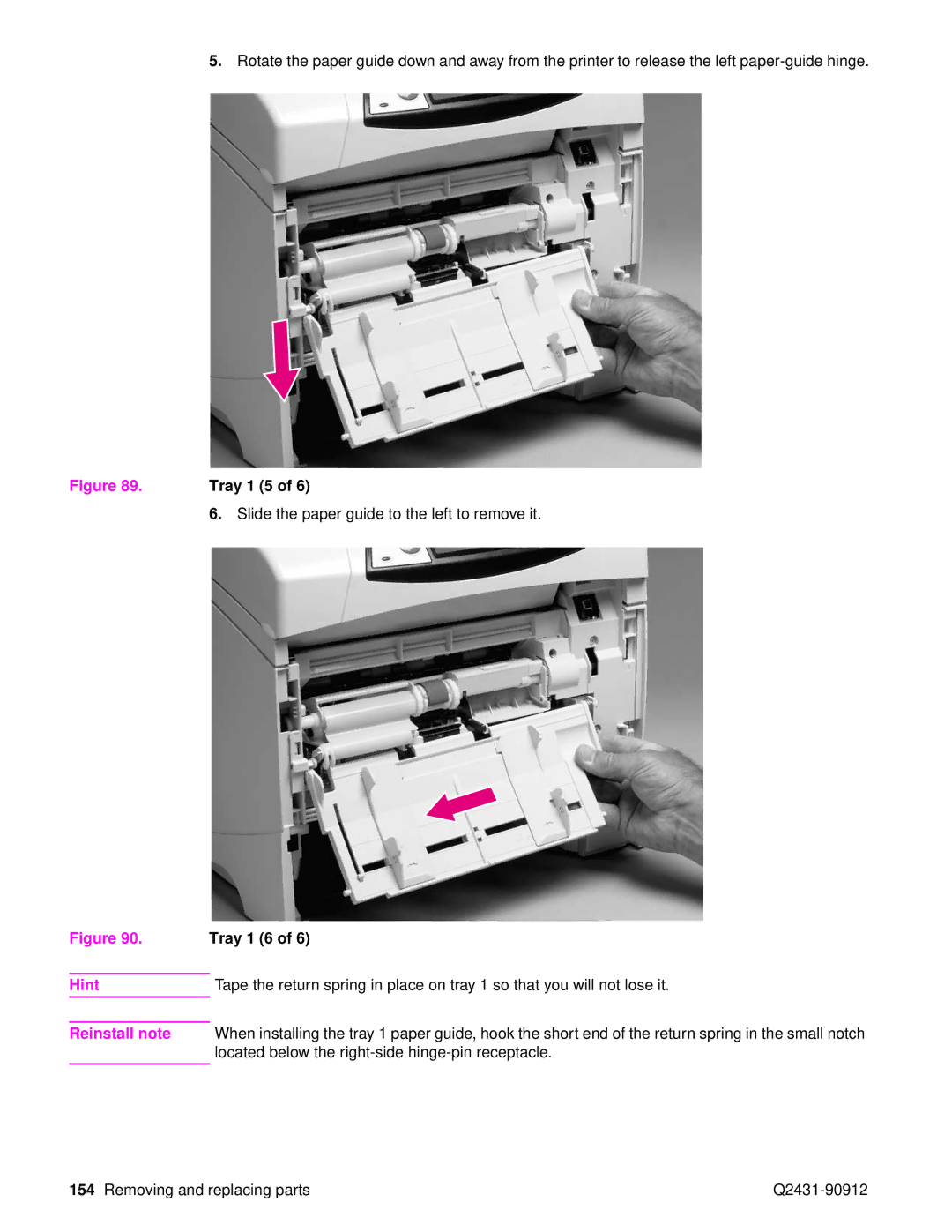 HP Pro 4300 C9H70UT C9H70UT#ABA manual Tray 1 5, Slide the paper guide to the left to remove it, Tray 1 6 