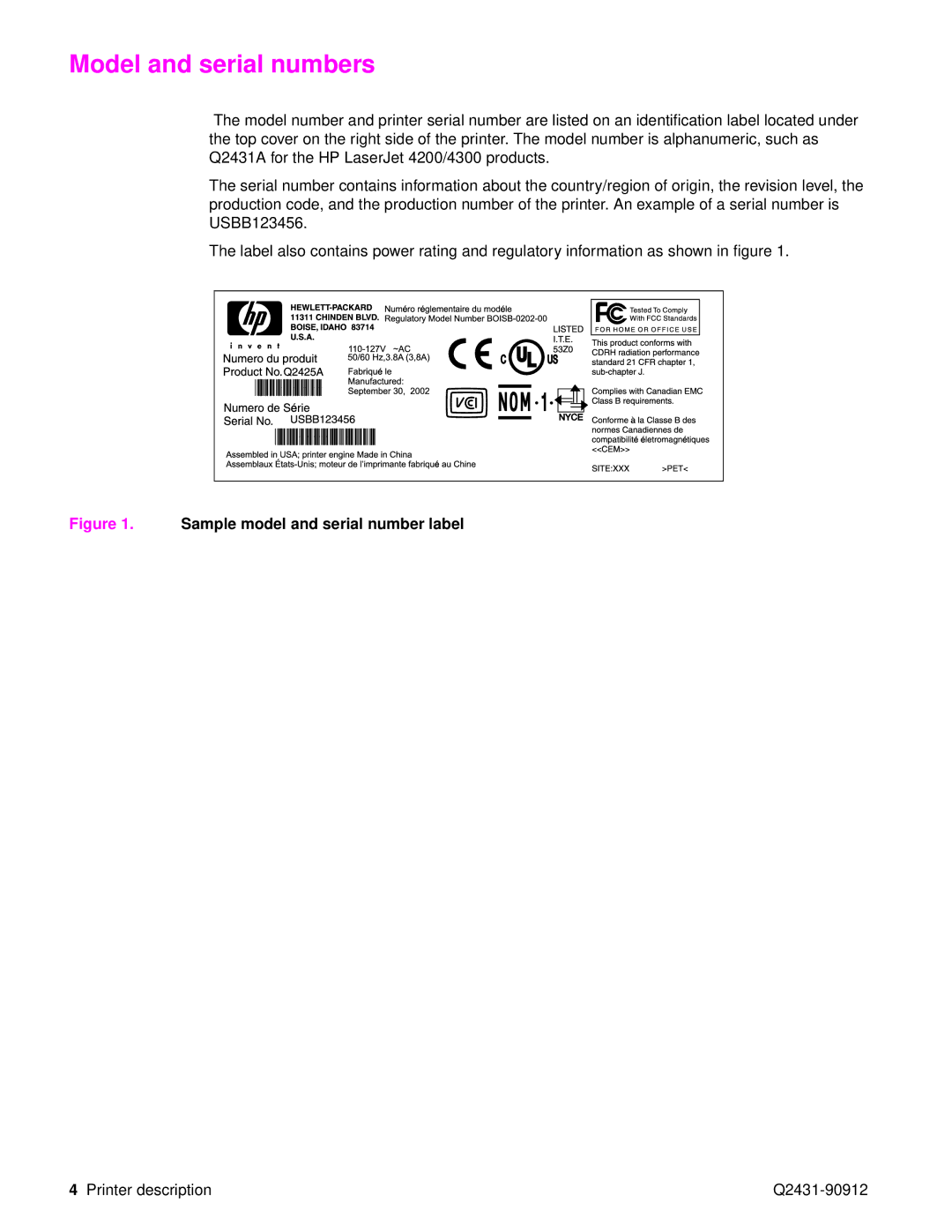 HP Pro 4300 C9H70UT C9H70UT#ABA manual Model and serial numbers, Sample model and serial number label 