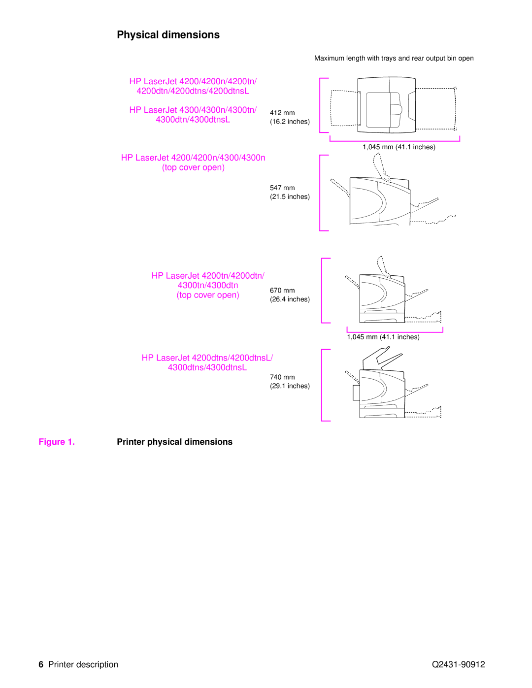 HP Pro 4300 C9H70UT C9H70UT#ABA manual Physical dimensions, Printer physical dimensions 