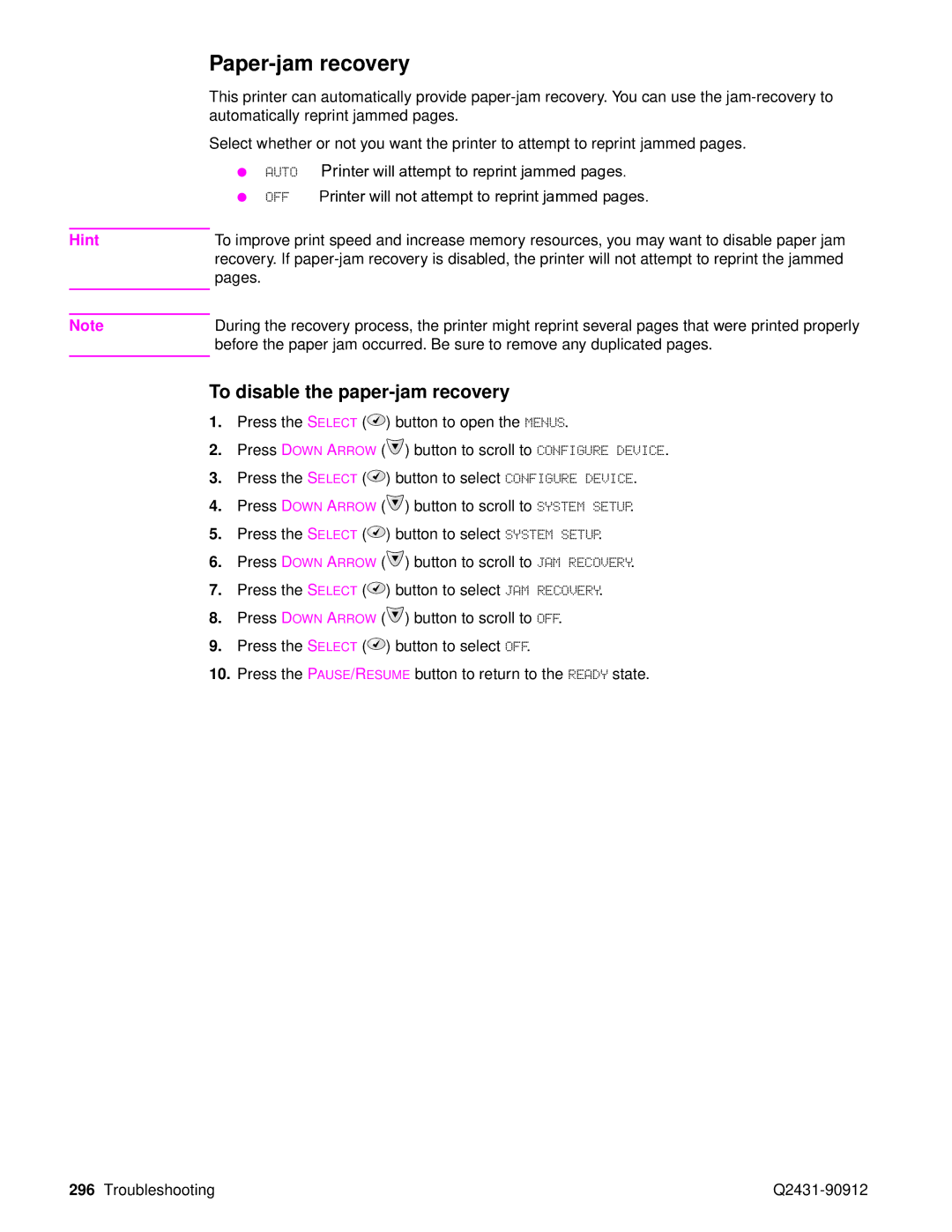 HP Pro 4300 C9H70UT C9H70UT#ABA manual Paper-jam recovery, To disable the paper-jam recovery 