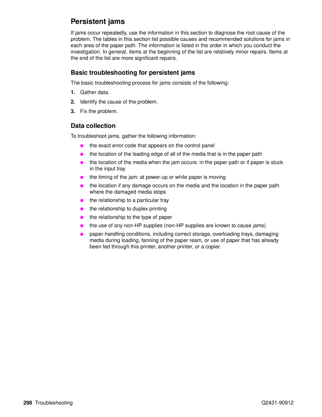 HP Pro 4300 C9H70UT C9H70UT#ABA manual Persistent jams, Basic troubleshooting for persistent jams, Data collection 